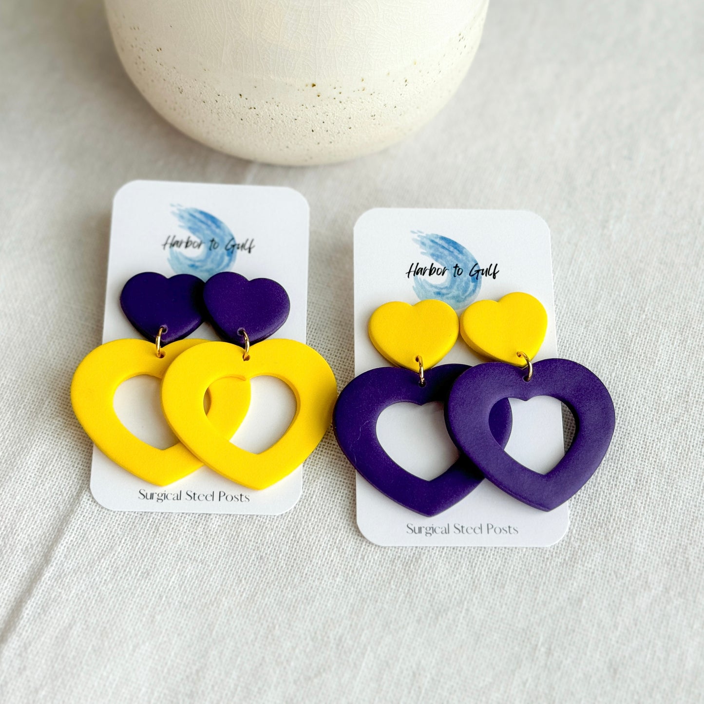 Purple & Yellow Heart Earrings, Multiple Colors