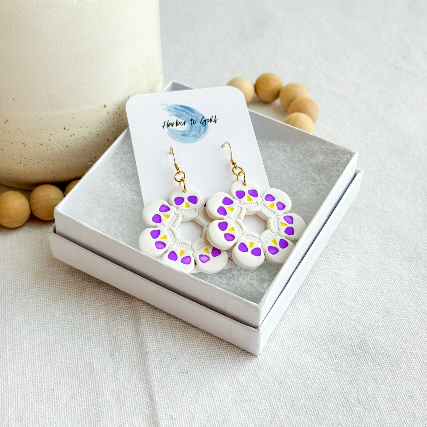 Purple & Gold Skull Circle Earrings