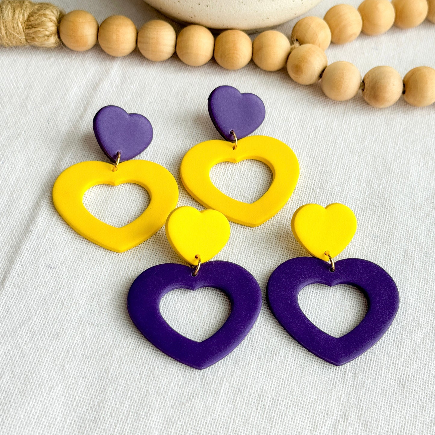 Purple & Yellow Heart Earrings, Multiple Colors