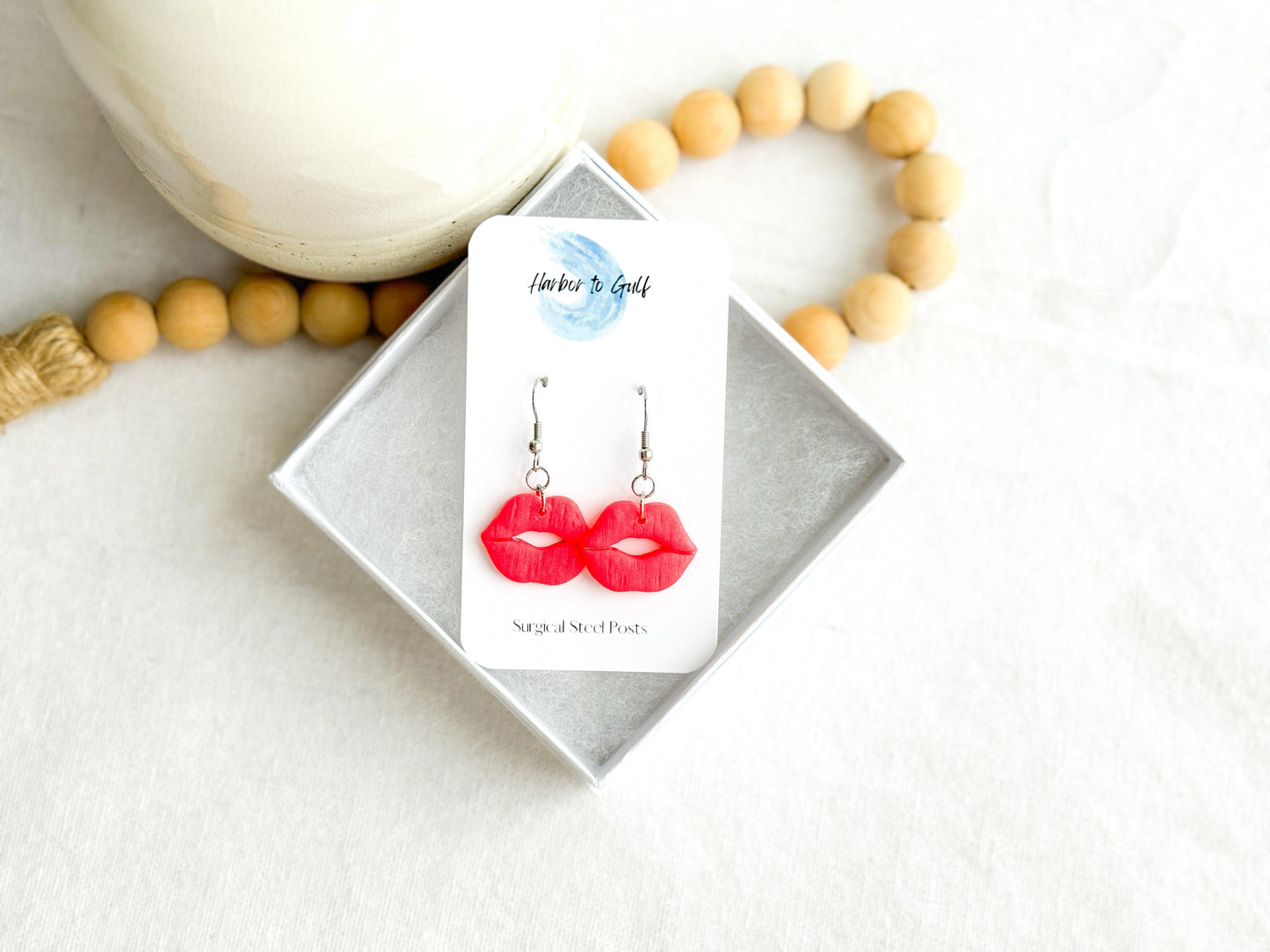 Hot Pink Kiss Earrings, Polymer Clay Earrings, Valentines Earrings, Surgical Steel, Gift Ideas for Her - Harbor to Gulf Co.