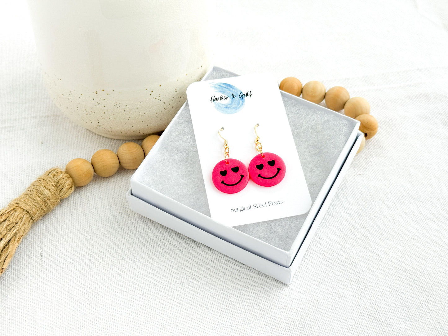 Hot Pink Smiley Face Earrings, Handmade Jewelry, Polymer Clay, Surgical Steel, Gifts for Women - Harbor to Gulf Co.