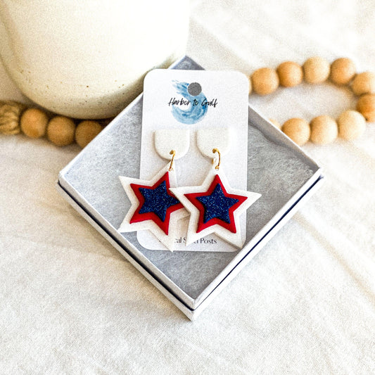 Star Earrings, Red White and Blue, Polymer Clay, Handmade Gifts - Harbor to Gulf Co.