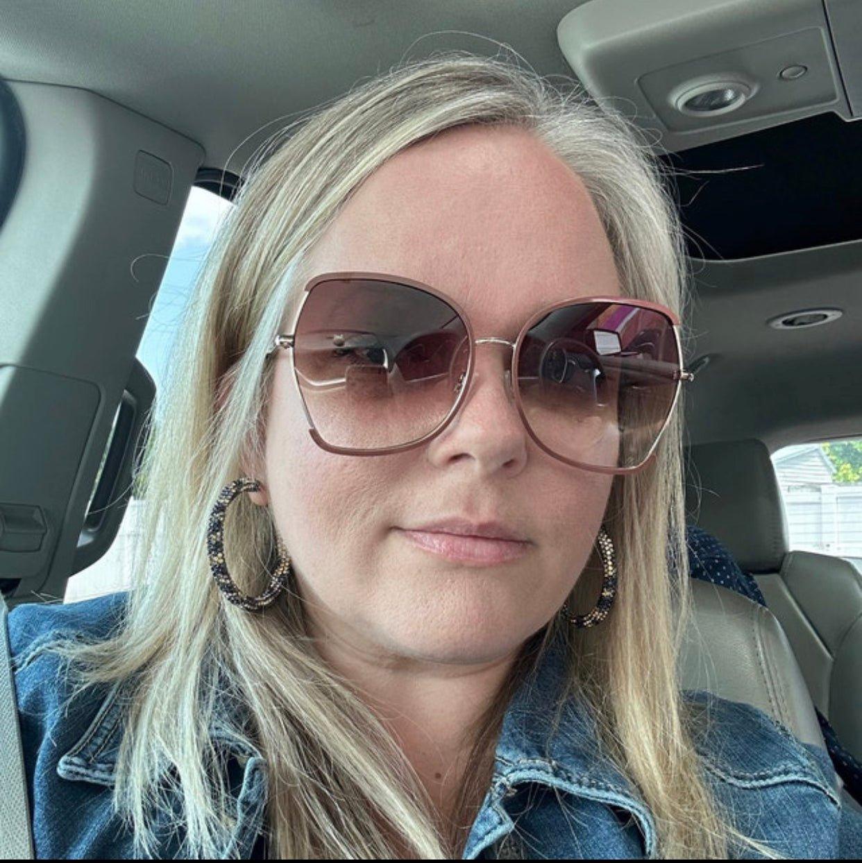 Blonde Model in Denim Jacket and Sunglasses Wearing Big, Handmade Sparkly Leverback Hoops in Leopard Print