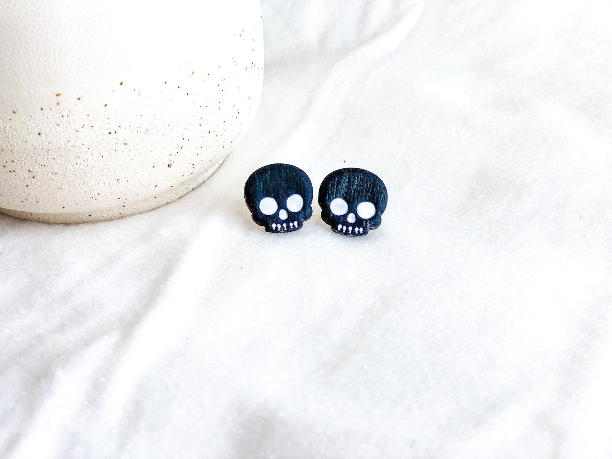 Black Skull Studs - Handmade Jewelry - Pirate Earrings - Halloween Earrings - Birthday Gift for Friend - Surgical Steel Earrings - Fun Studs - Harbor to Gulf Co.