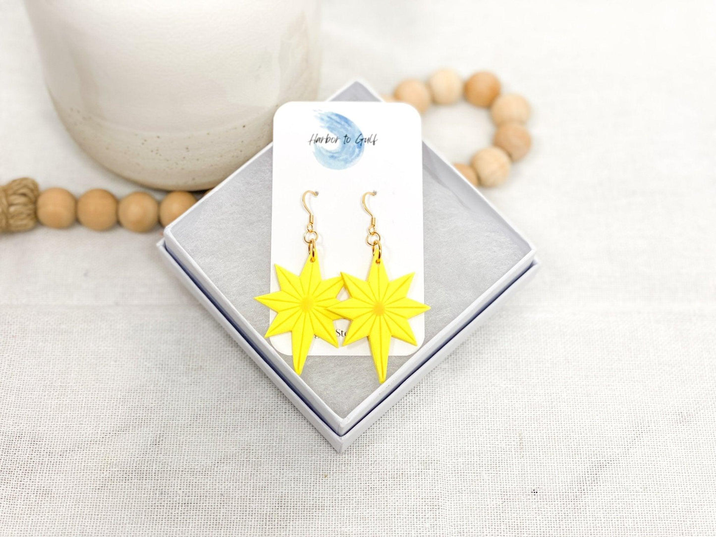 Christmas Star Earrings, Handmade Jewelry, Yellow Clay Earrings, Surgical Steel, Festive Holiday Accessories, Secret Santa Gift - Harbor to Gulf Co.