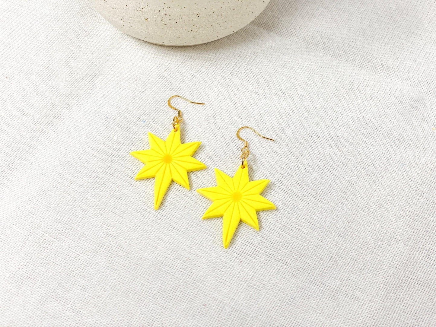 Christmas Star Earrings, Handmade Jewelry, Yellow Clay Earrings, Surgical Steel, Festive Holiday Accessories, Secret Santa Gift - Harbor to Gulf Co.