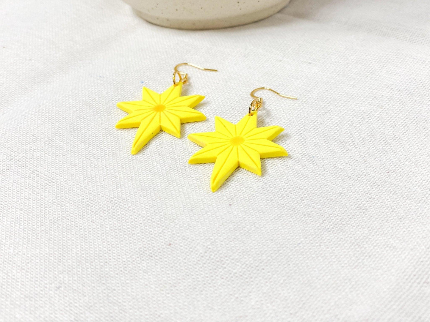 Christmas Star Earrings, Handmade Jewelry, Yellow Clay Earrings, Surgical Steel, Festive Holiday Accessories, Secret Santa Gift - Harbor to Gulf Co.