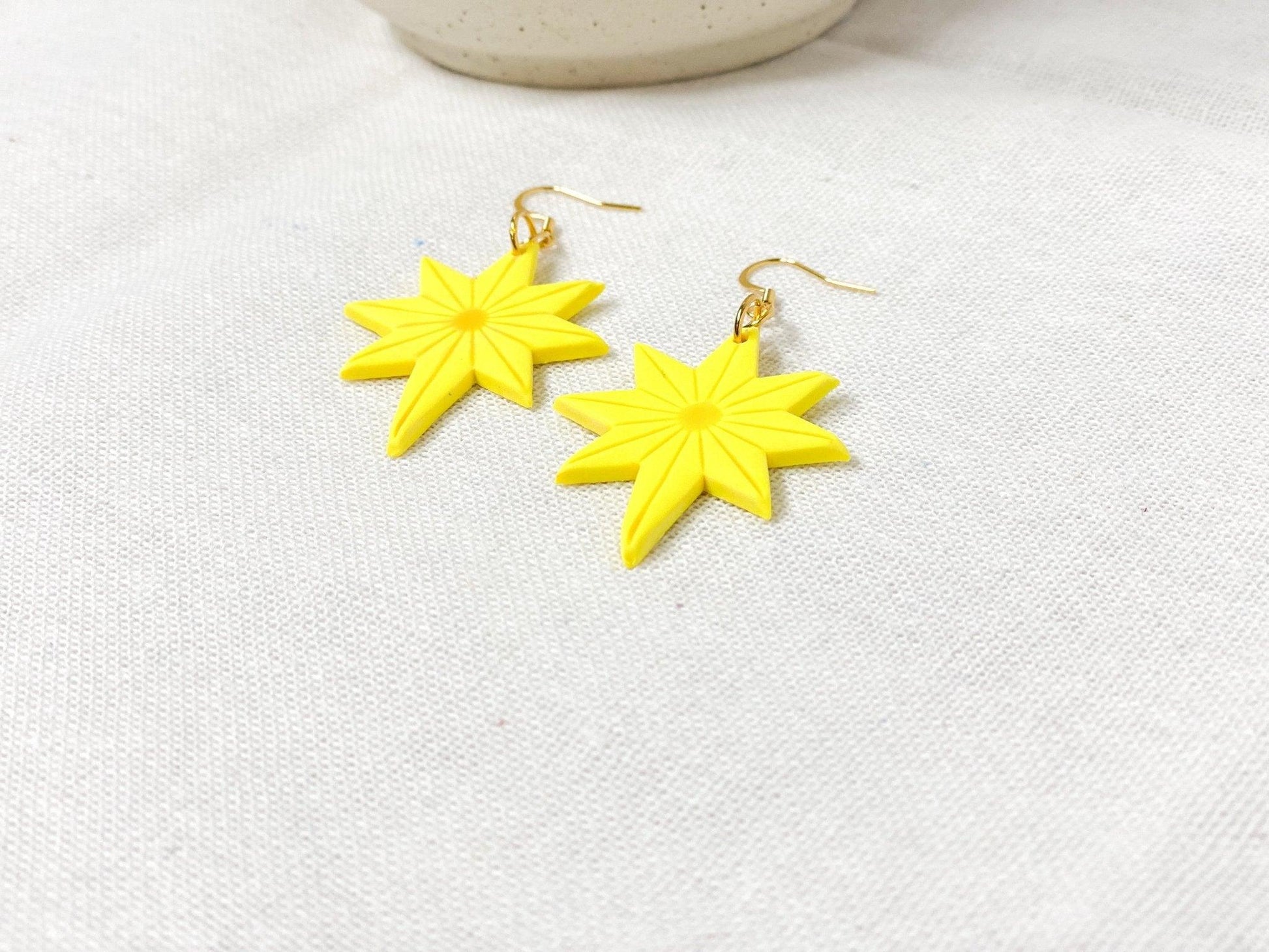 Christmas Star Earrings, Handmade Jewelry, Yellow Clay Earrings, Surgical Steel, Festive Holiday Accessories, Secret Santa Gift - Harbor to Gulf Co.