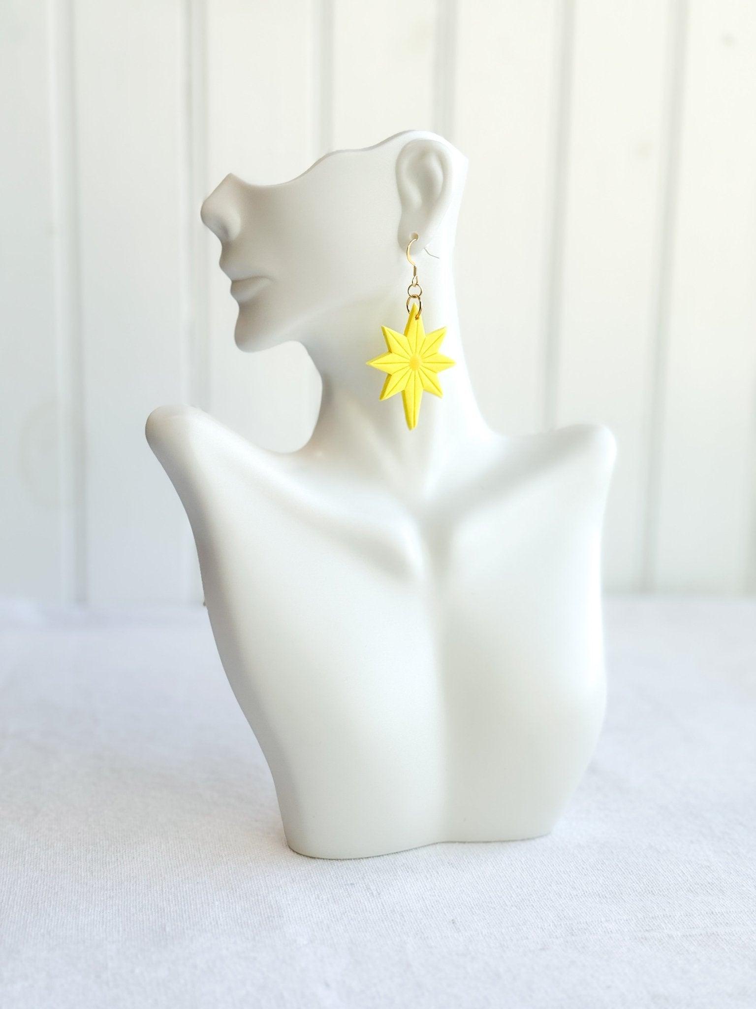 Christmas Star Earrings, Handmade Jewelry, Yellow Clay Earrings, Surgical Steel, Festive Holiday Accessories, Secret Santa Gift - Harbor to Gulf Co.