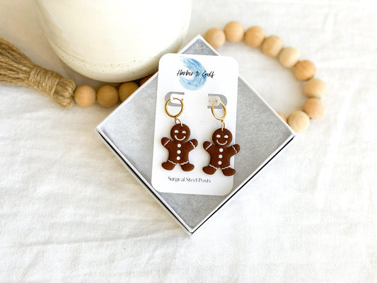 Handmade Gingerbread Men Earrings with Surgical Steel Gold Huggie Hoops in white gift box