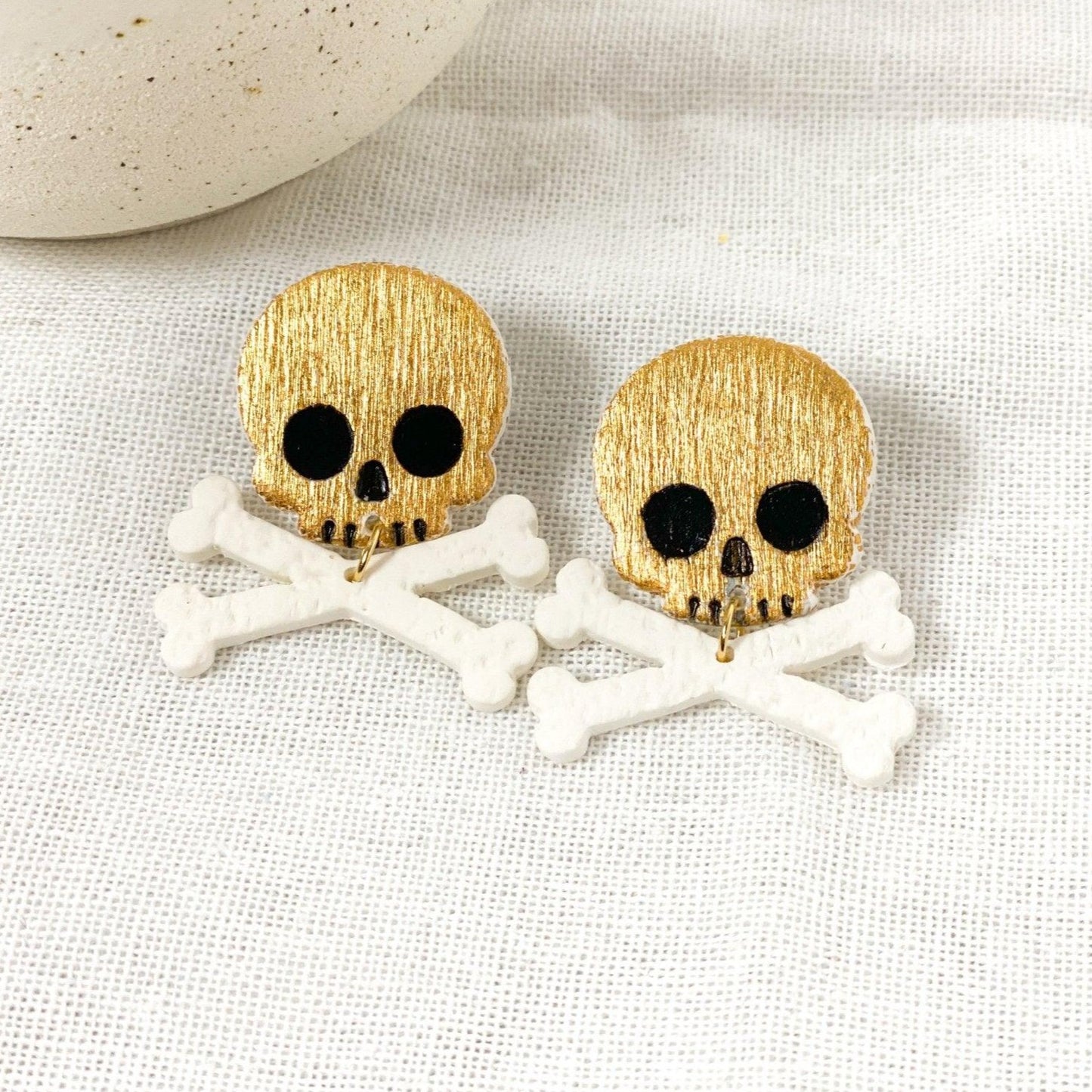 Gold Pirate Crossbones Earrings, Handmade Jewelry, Polymer Clay Earrings, Gifts for Women - Harbor to Gulf Co.