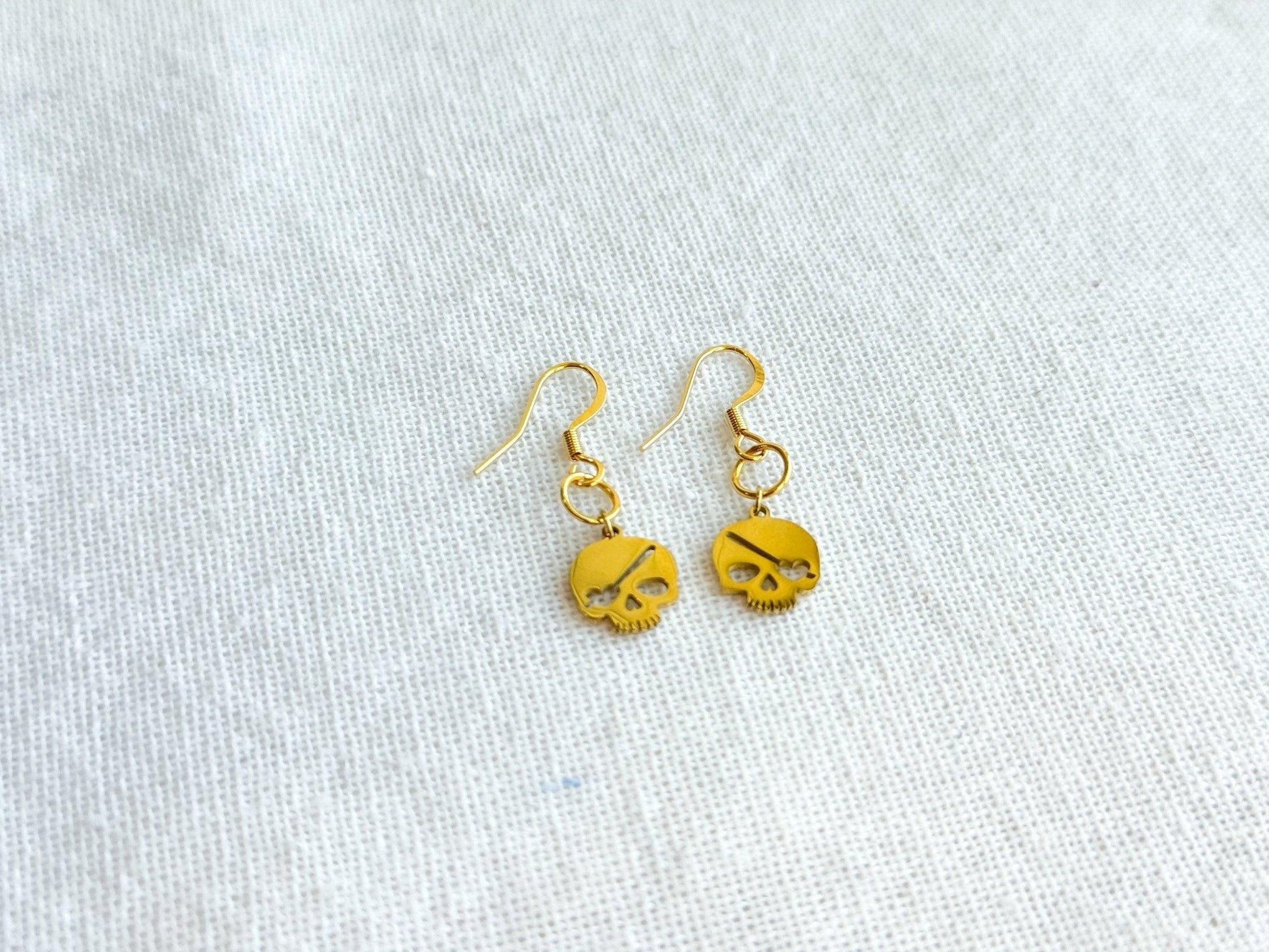 Gold Heart Eyed Skull Earrings, Handmade Jewelry, ECU Pirates Earrings, Surgical Steel, 14k Gold Plated, White Elephant Gifts - Harbor to Gulf Co.