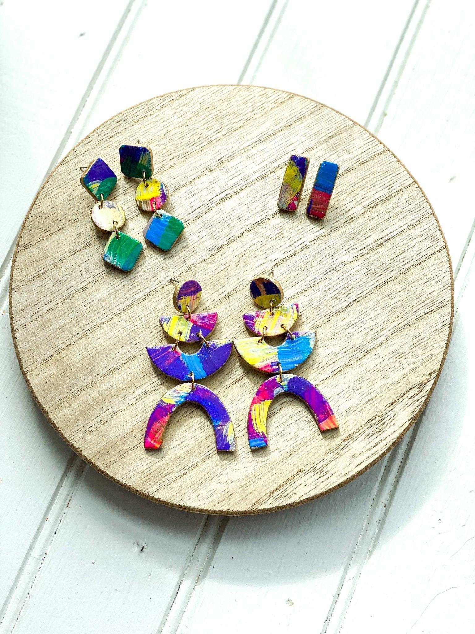 Hand Painted Rainbow Earrings, Dangles & Studs, Handmade - Harbor to Gulf Co.