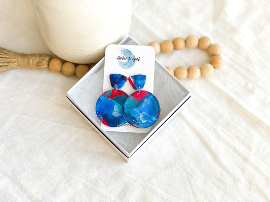 Handmade Red and Blue Earrings, Game Day Earrings, Polymer Clay, Surgical Steel, Gifts for Women - Harbor to Gulf Co.