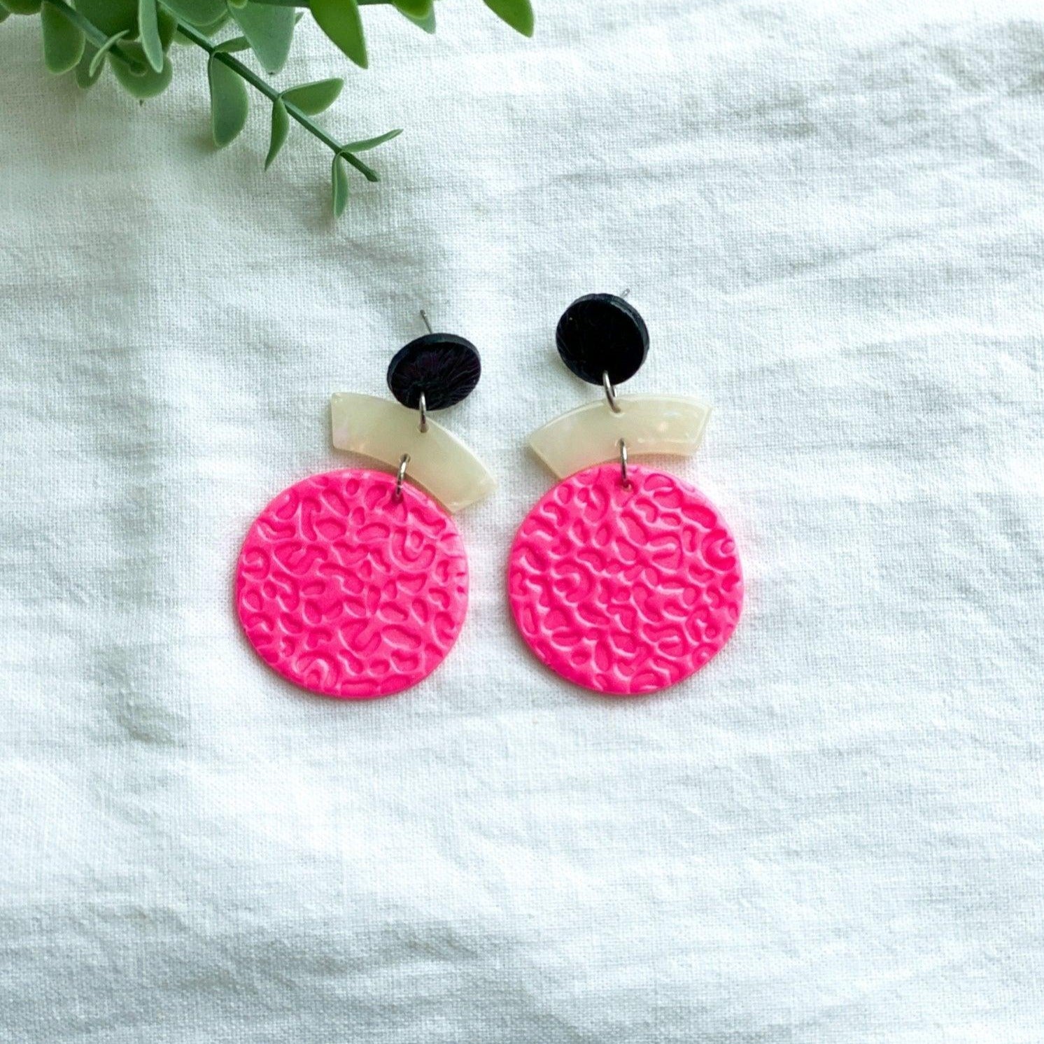 Hot Pink Polymer Clay Earrings, Surgical Steel, Handmade, Gifts for Her - Harbor to Gulf Co.