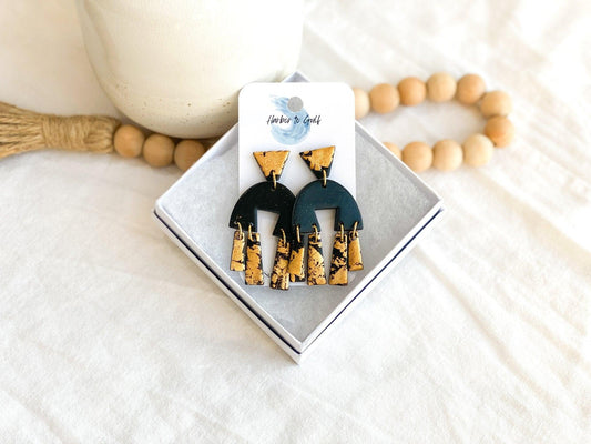 Matte Black & Gold Earrings, Polymer Clay & Surgical Steel, Handmade Gifts for Women - Harbor to Gulf Co.