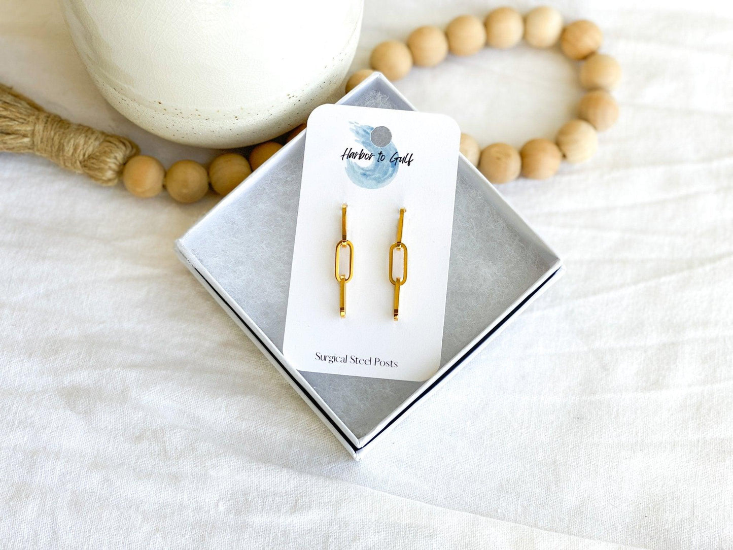 Small Gold Paperclip Chain Dangle Earrings with Surgical Steel Posts on Earring Card in White Gift Box