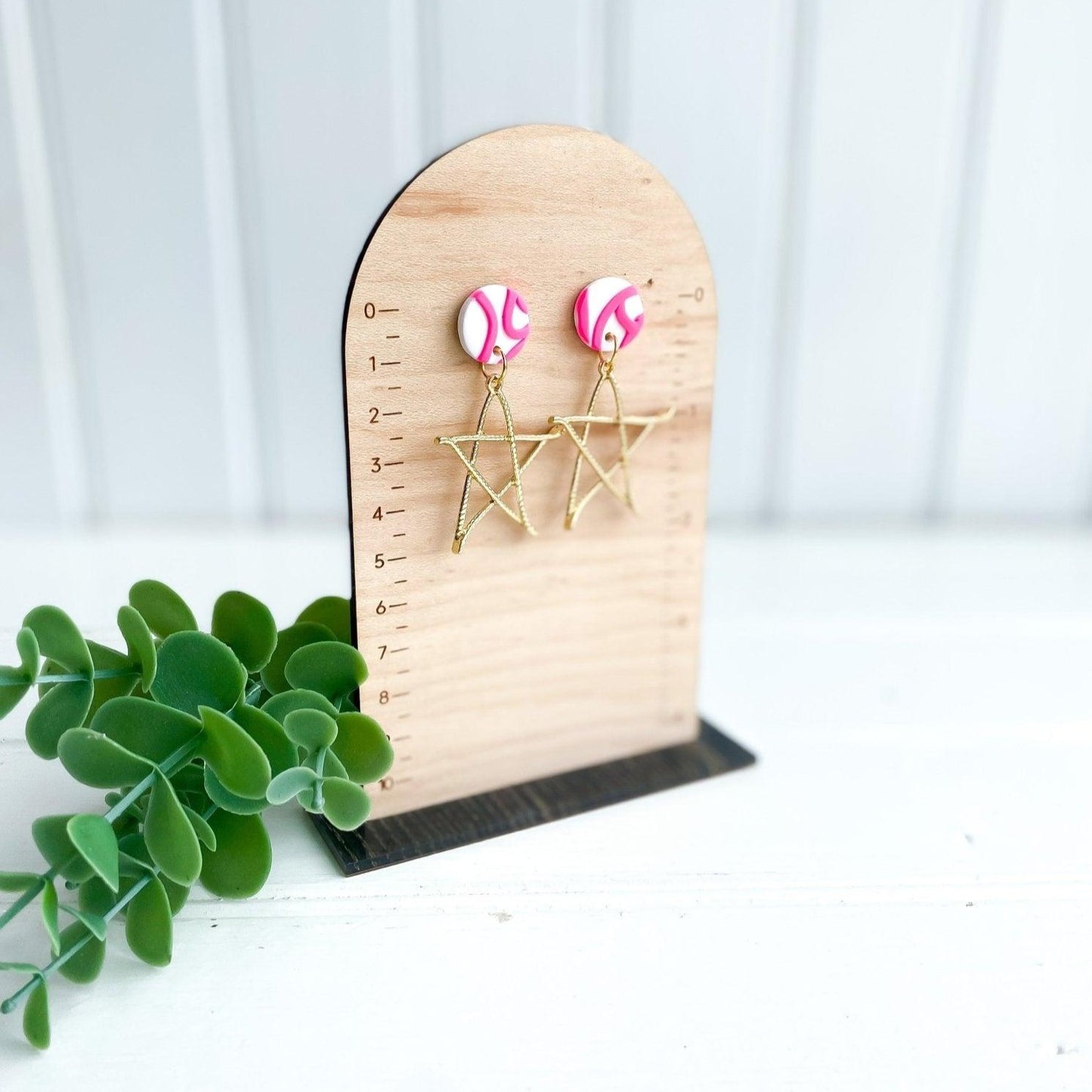 Handmade Pink and White Abstract Earrings with Surgical Steel Posts on Wood Earring Measurement Stand