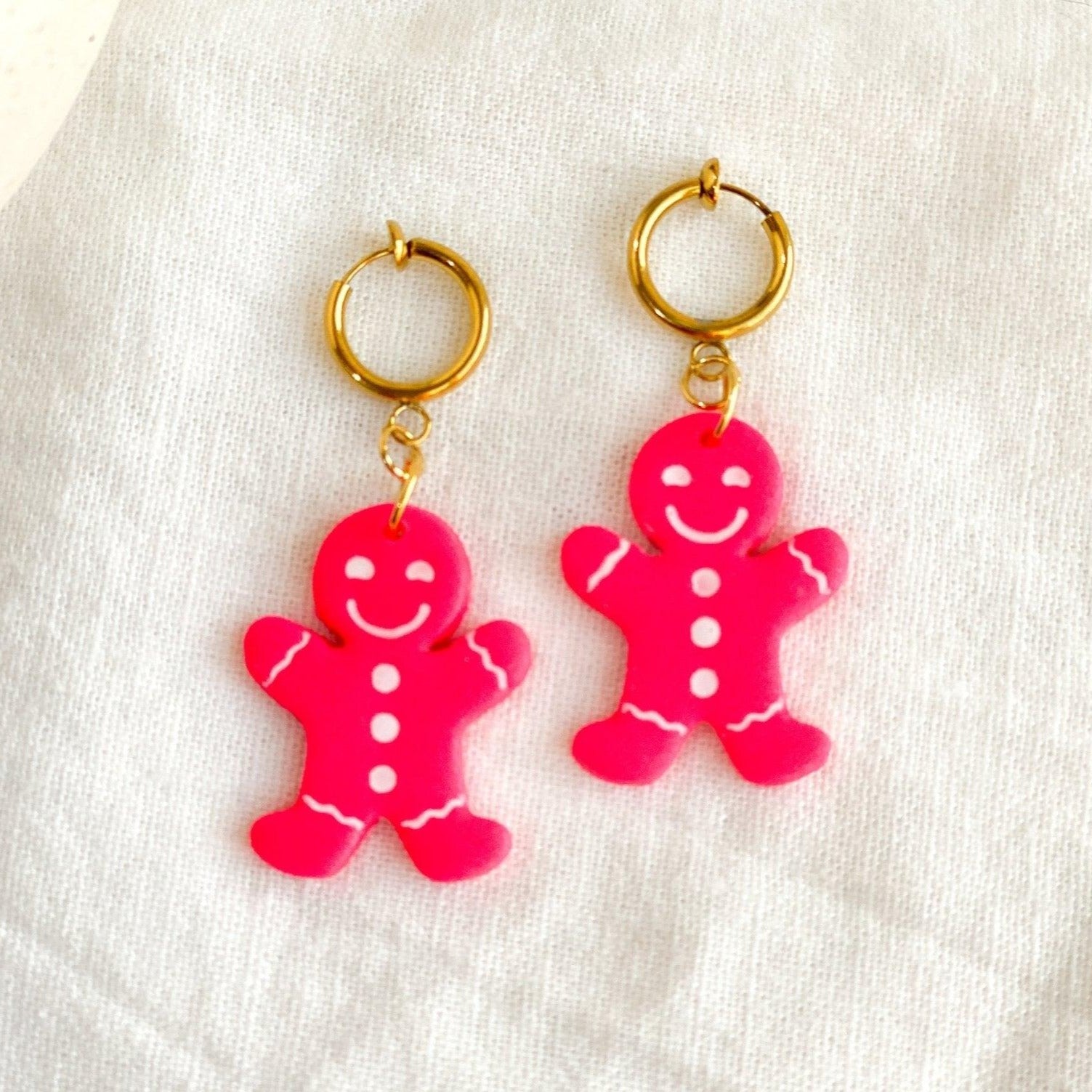 Pink Gingerbread Men Clip On Earrings, Handmade Jewelry, Polymer Clay - Harbor to Gulf Co.