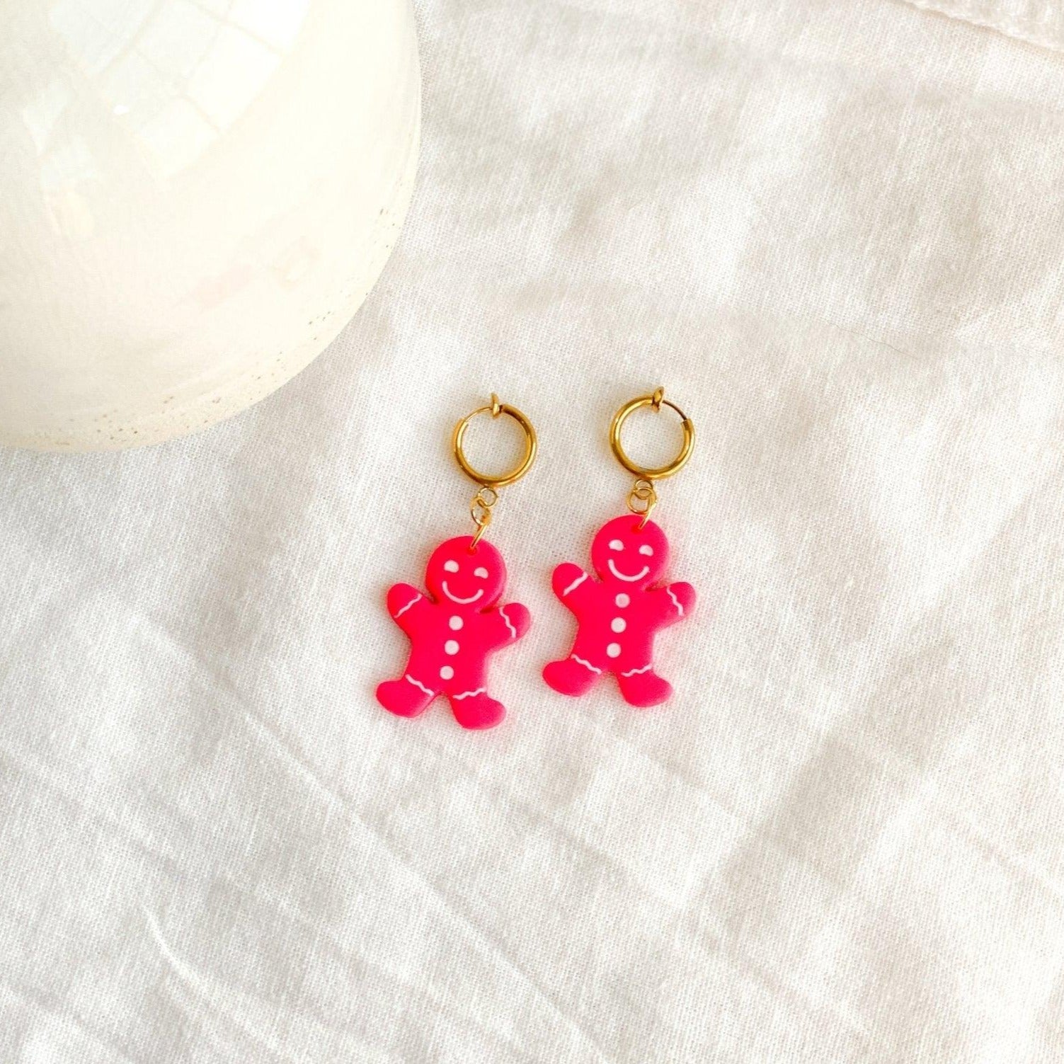 Pink Gingerbread Men Clip On Earrings, Handmade Jewelry, Polymer Clay - Harbor to Gulf Co.