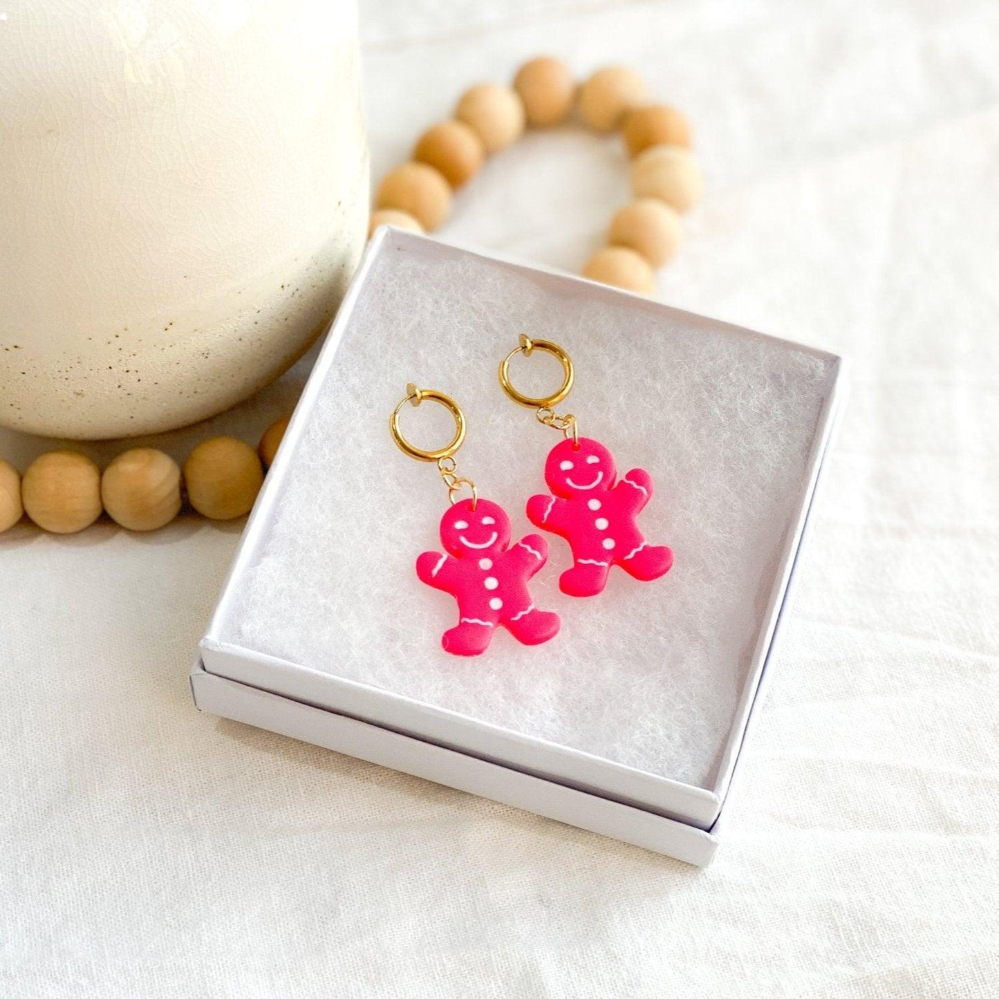 Pink Gingerbread Men Clip On Earrings, Handmade Jewelry, Polymer Clay - Harbor to Gulf Co.