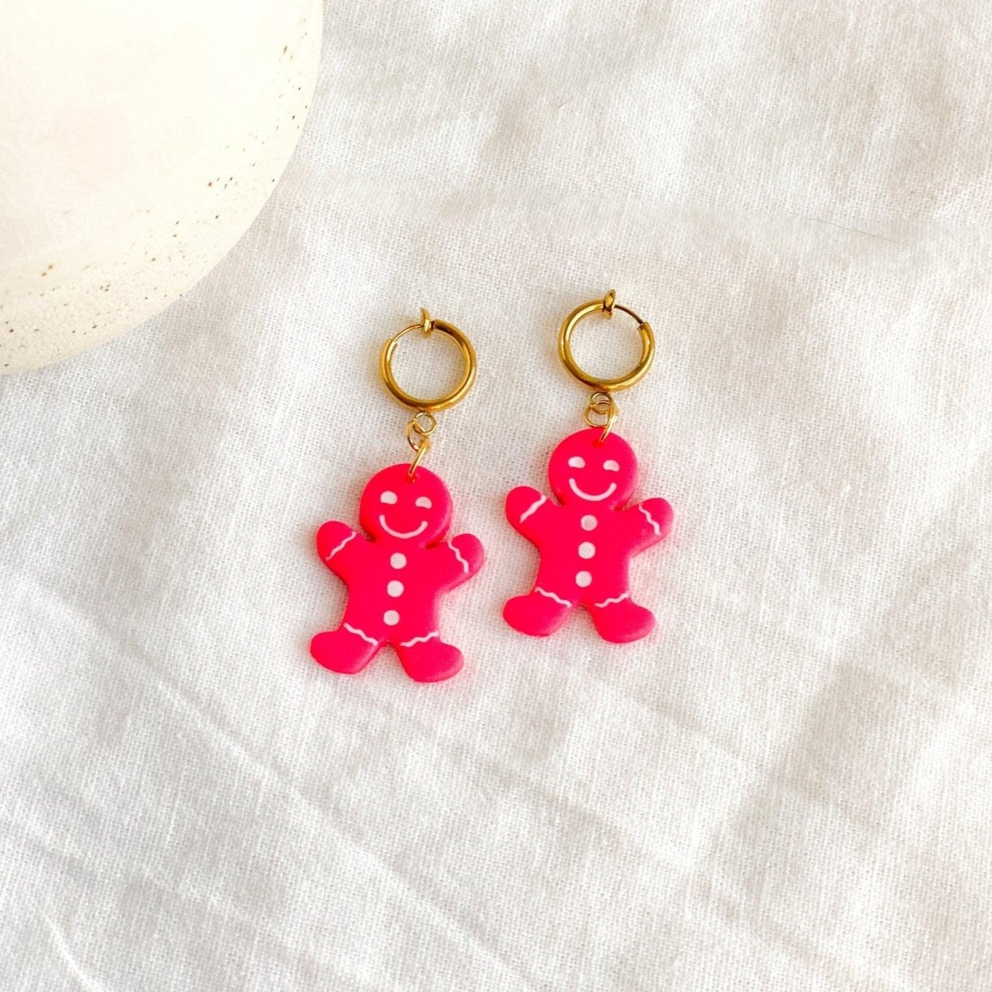 Pink Gingerbread Men Clip On Earrings, Handmade Jewelry, Polymer Clay - Harbor to Gulf Co.