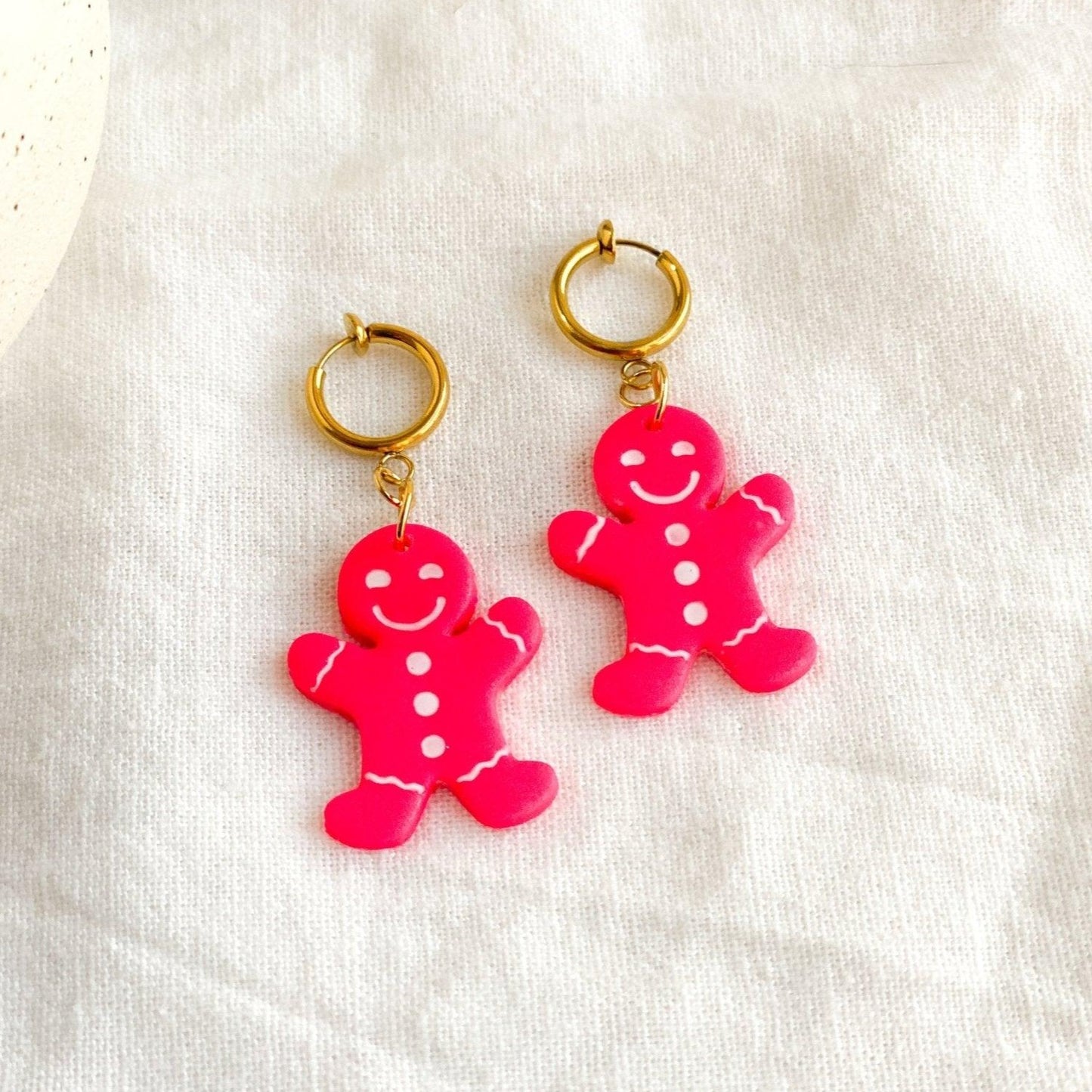 Pink Gingerbread Men Clip On Earrings, Handmade Jewelry, Polymer Clay - Harbor to Gulf Co.