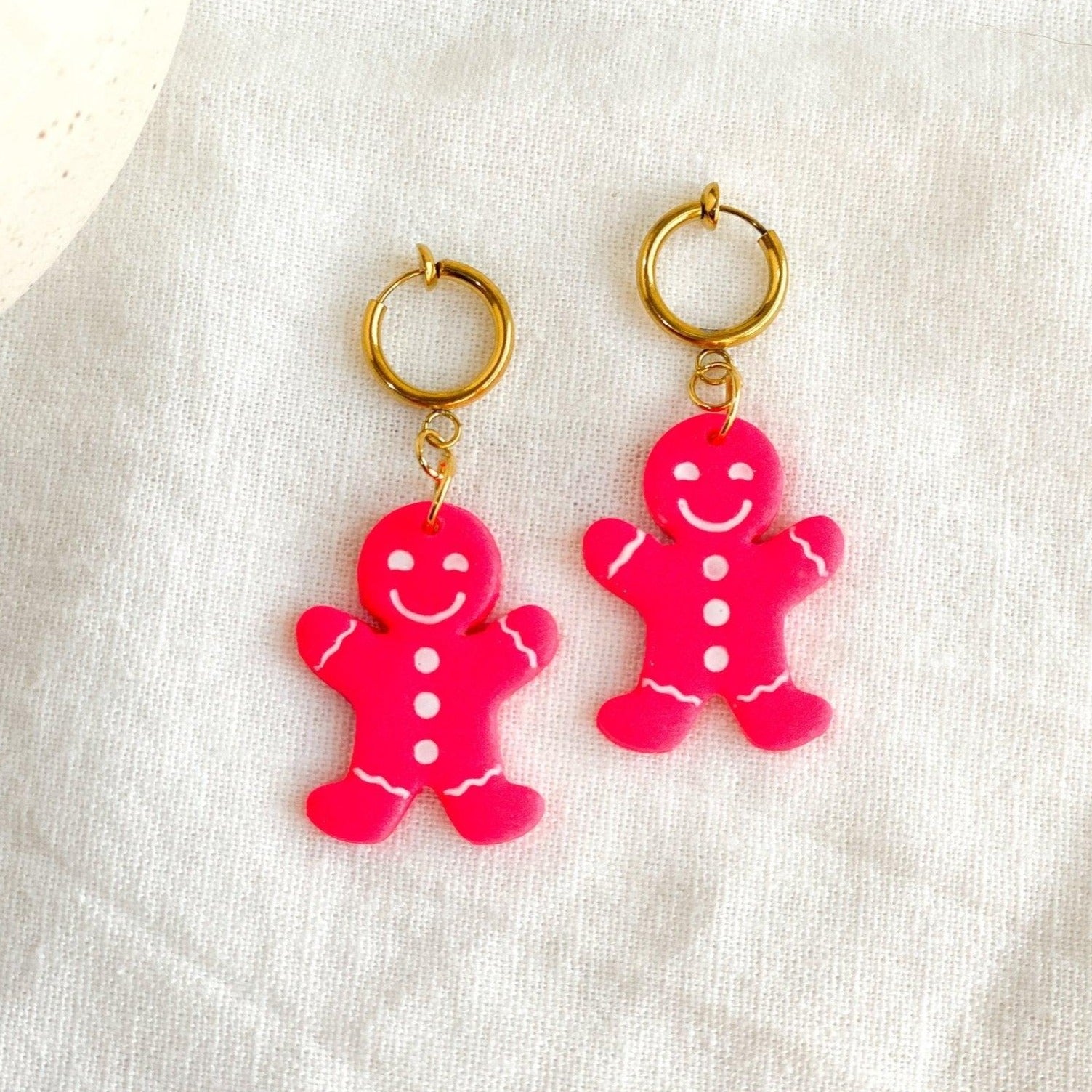 Pink Gingerbread Men Clip On Earrings, Handmade Jewelry, Polymer Clay - Harbor to Gulf Co.