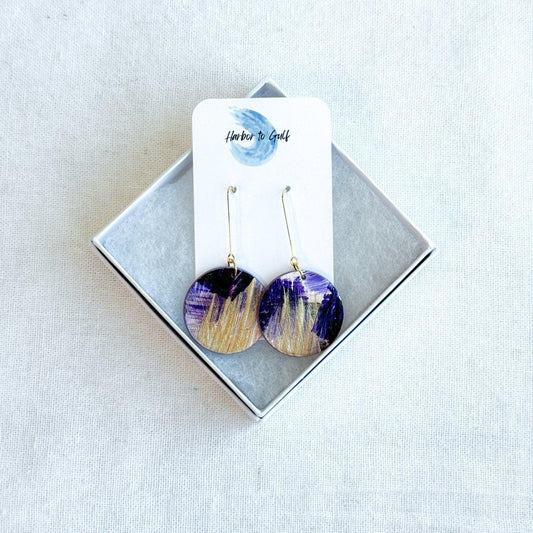 Purple & Gold Earrings, Polymer Clay Earrings, Gold Plated Surgical Steel Ear Wires, Handmade Jewelry - Harbor to Gulf Co.