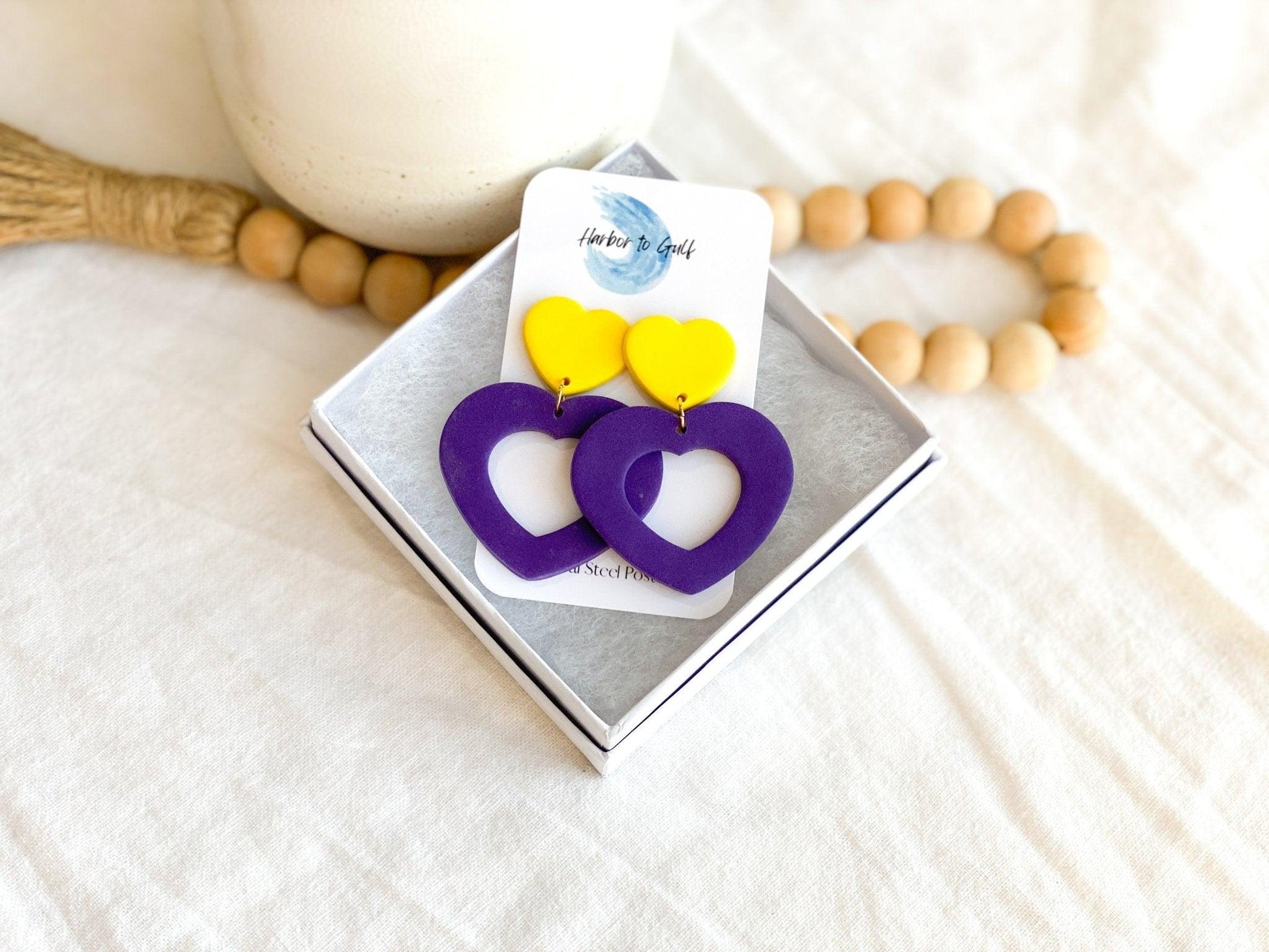 Purple & Yellow Heart Earrings, Game Day Jewelry, Surgical Steel, Handmade, Polymer Clay, Gifts for Women - Harbor to Gulf Co.