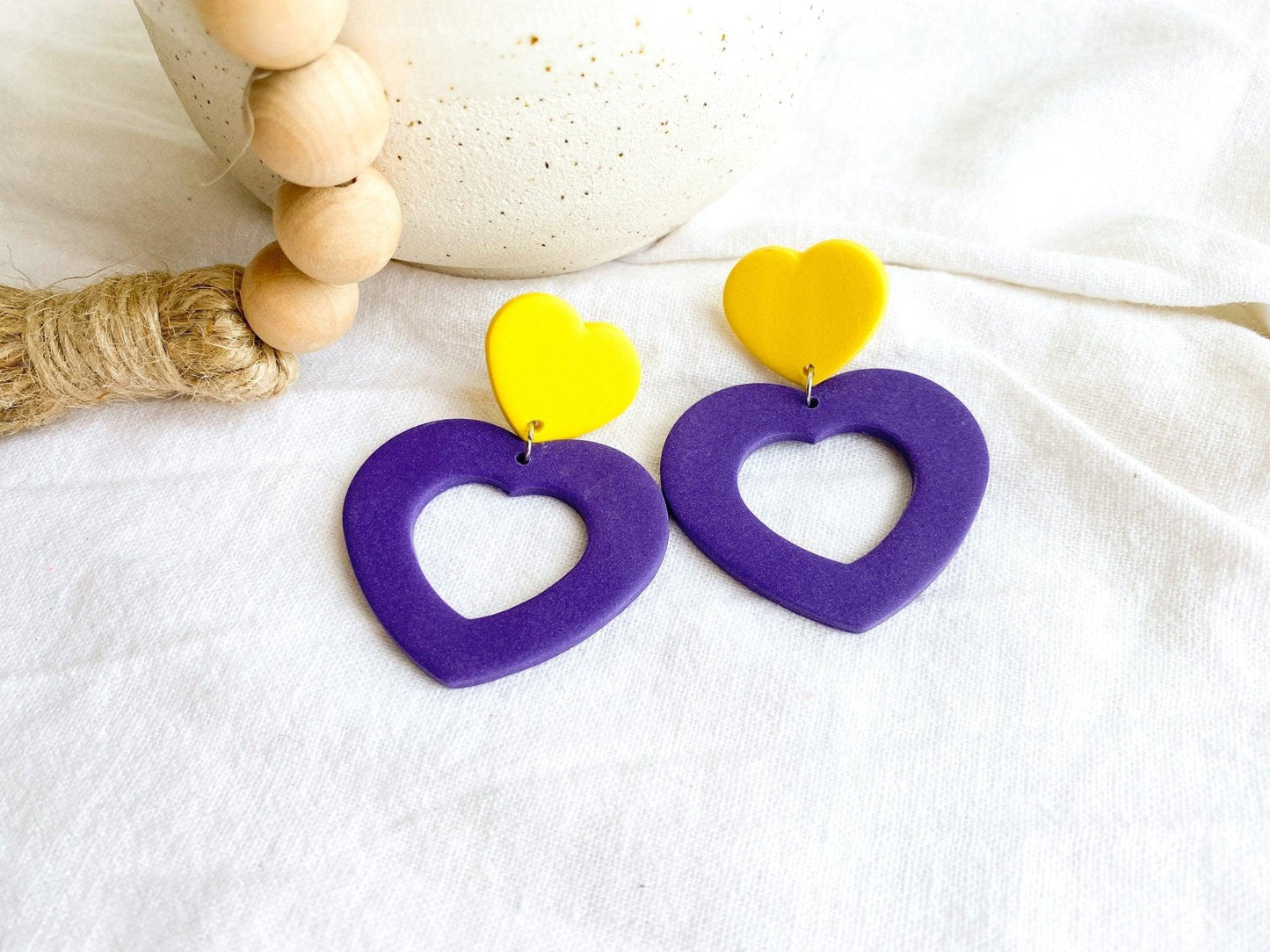 Purple & Yellow Heart Earrings, Game Day Jewelry, Surgical Steel, Handmade, Polymer Clay, Gifts for Women - Harbor to Gulf Co.