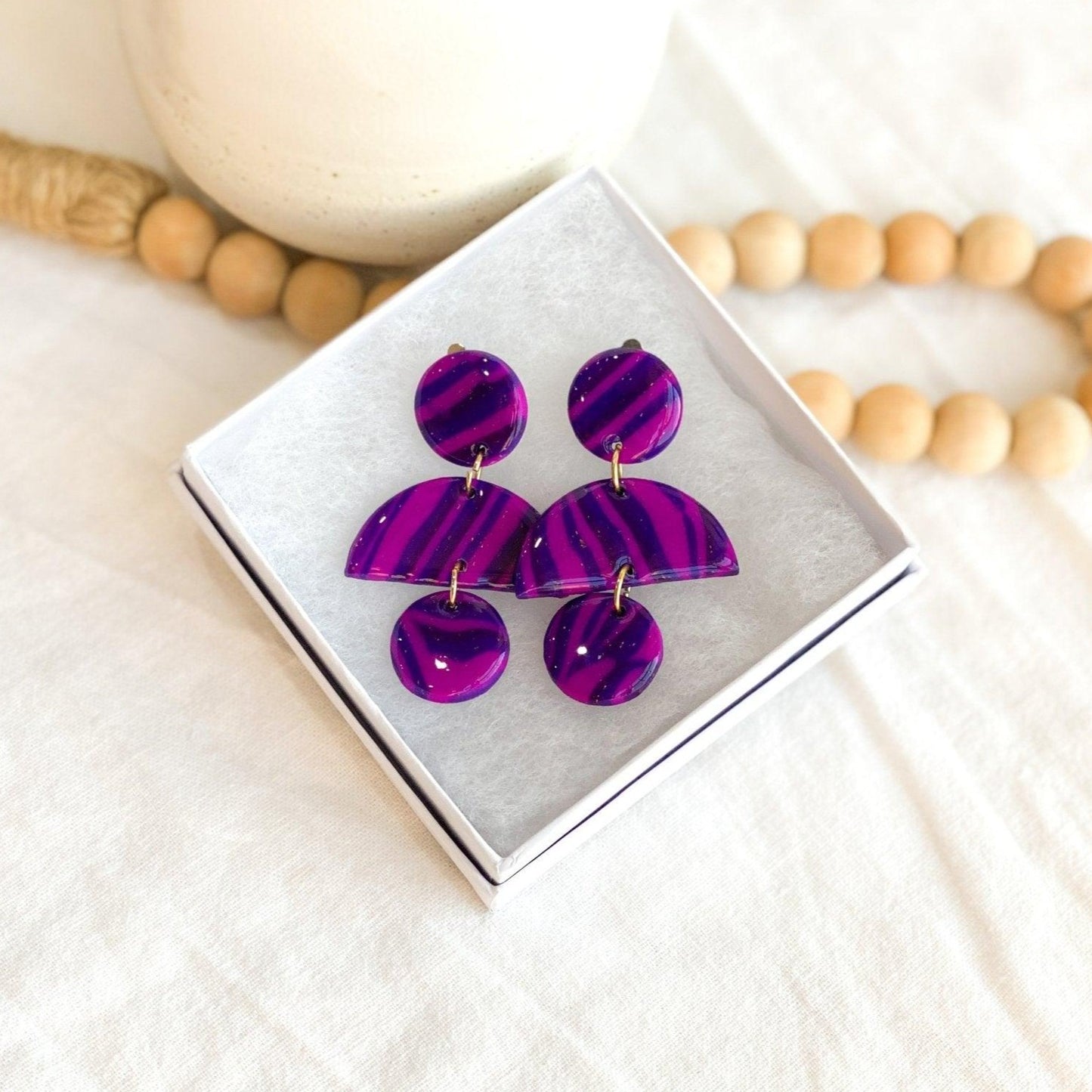 Purple Clip On Earrings, Handmade Jewelry, Zebra Print, Best Gifts for Her - Harbor to Gulf Co.