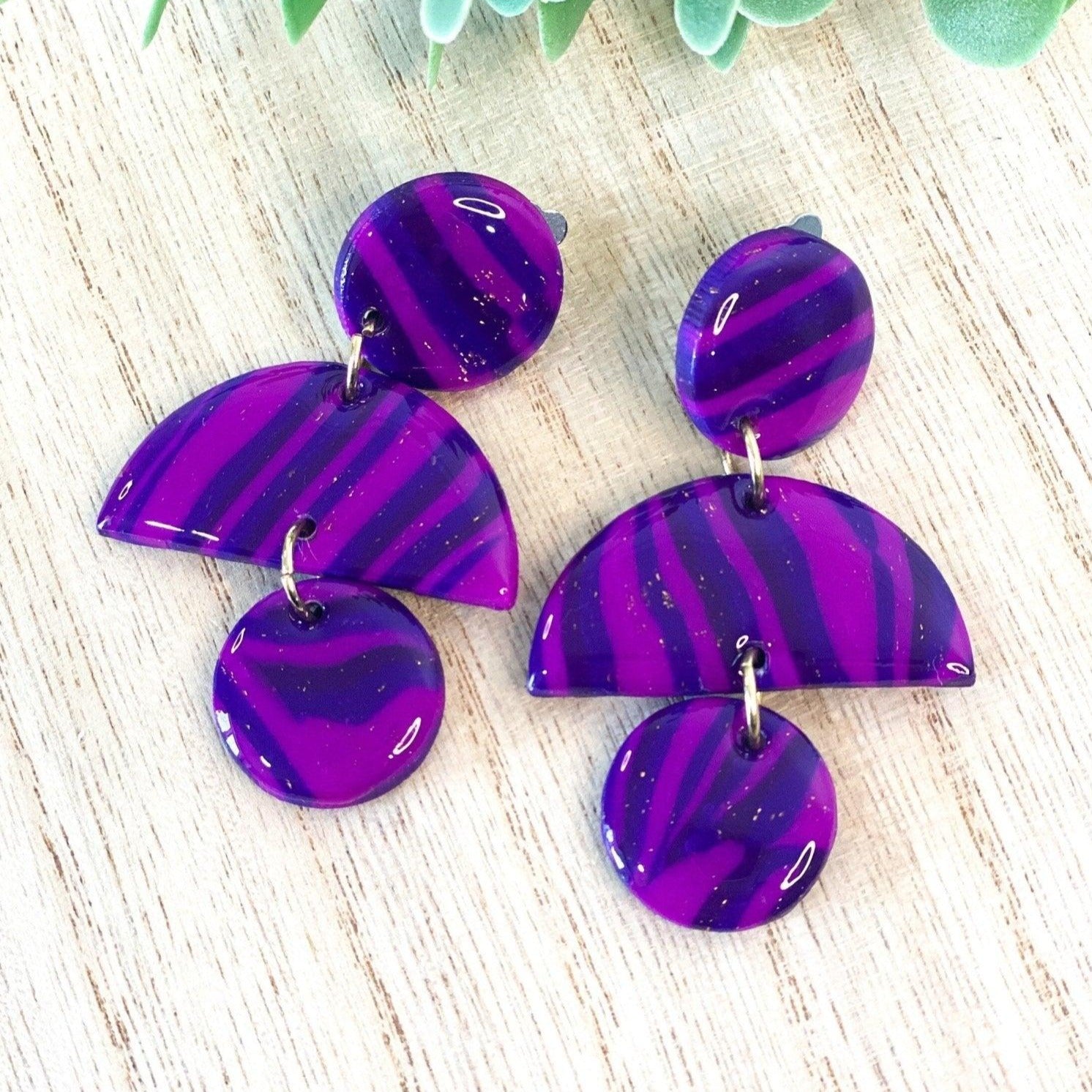 Purple Clip On Earrings, Handmade Jewelry, Zebra Print, Best Gifts for Her - Harbor to Gulf Co.