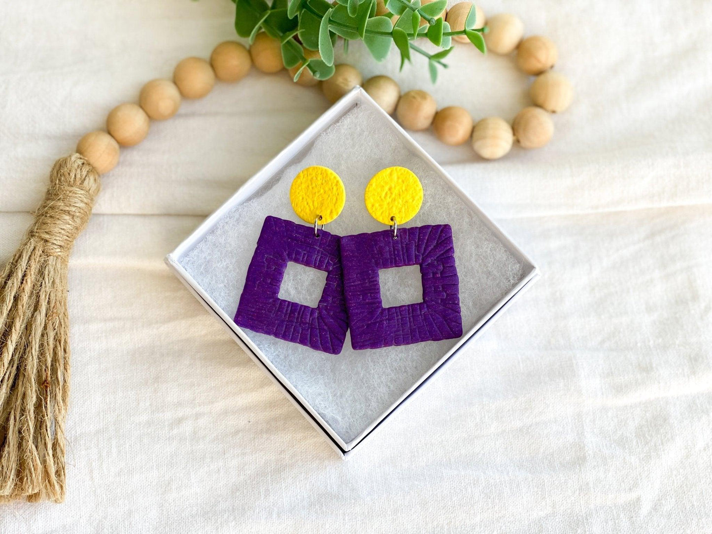 Rattan Earrings - Purple and Gold Earrings - Handmade Jewelry - ECU Earrings - LSU Earrings - Polymer Clay Earrings - Surgical Steel - Harbor to Gulf Co.