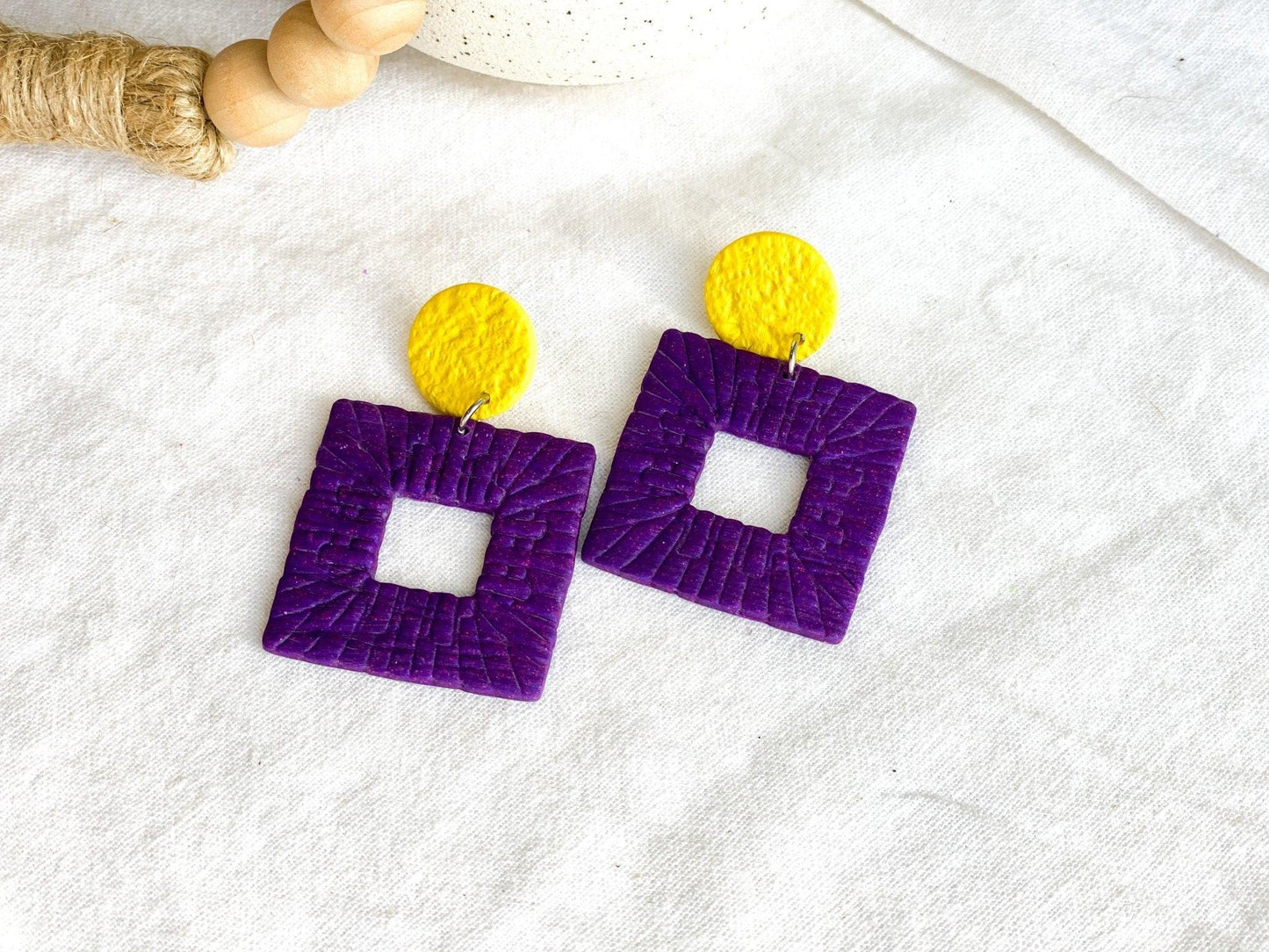 Rattan Earrings - Purple and Gold Earrings - Handmade Jewelry - ECU Earrings - LSU Earrings - Polymer Clay Earrings - Surgical Steel - Harbor to Gulf Co.