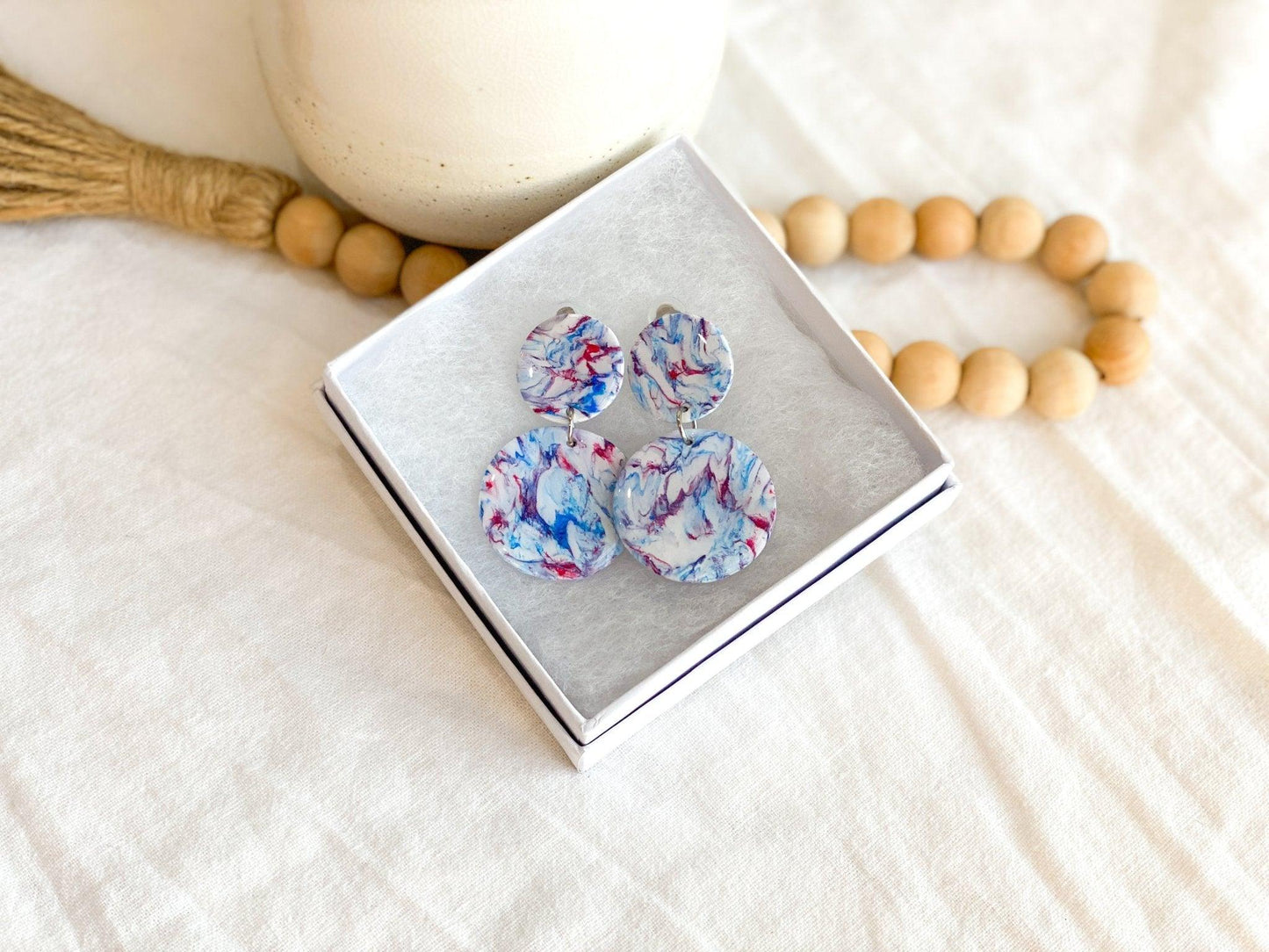 Red and Blue Earrings, Clip Ons, Ole Miss Earrings, Handmade, Polymer Clay, Gifts for Women - Harbor to Gulf Co.