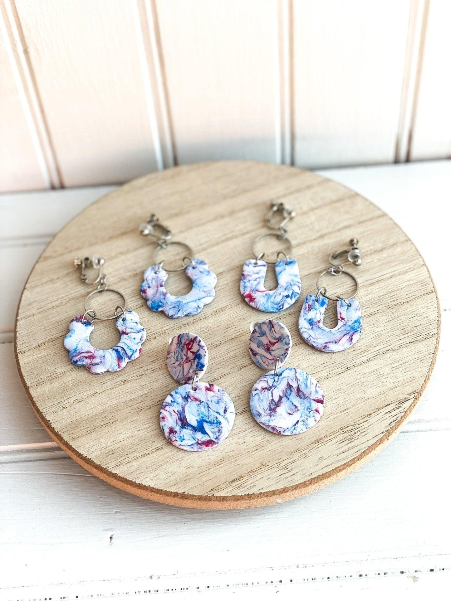 Red and Blue Earrings, Clip Ons, Ole Miss Earrings, Handmade, Polymer Clay, Gifts for Women - Harbor to Gulf Co.