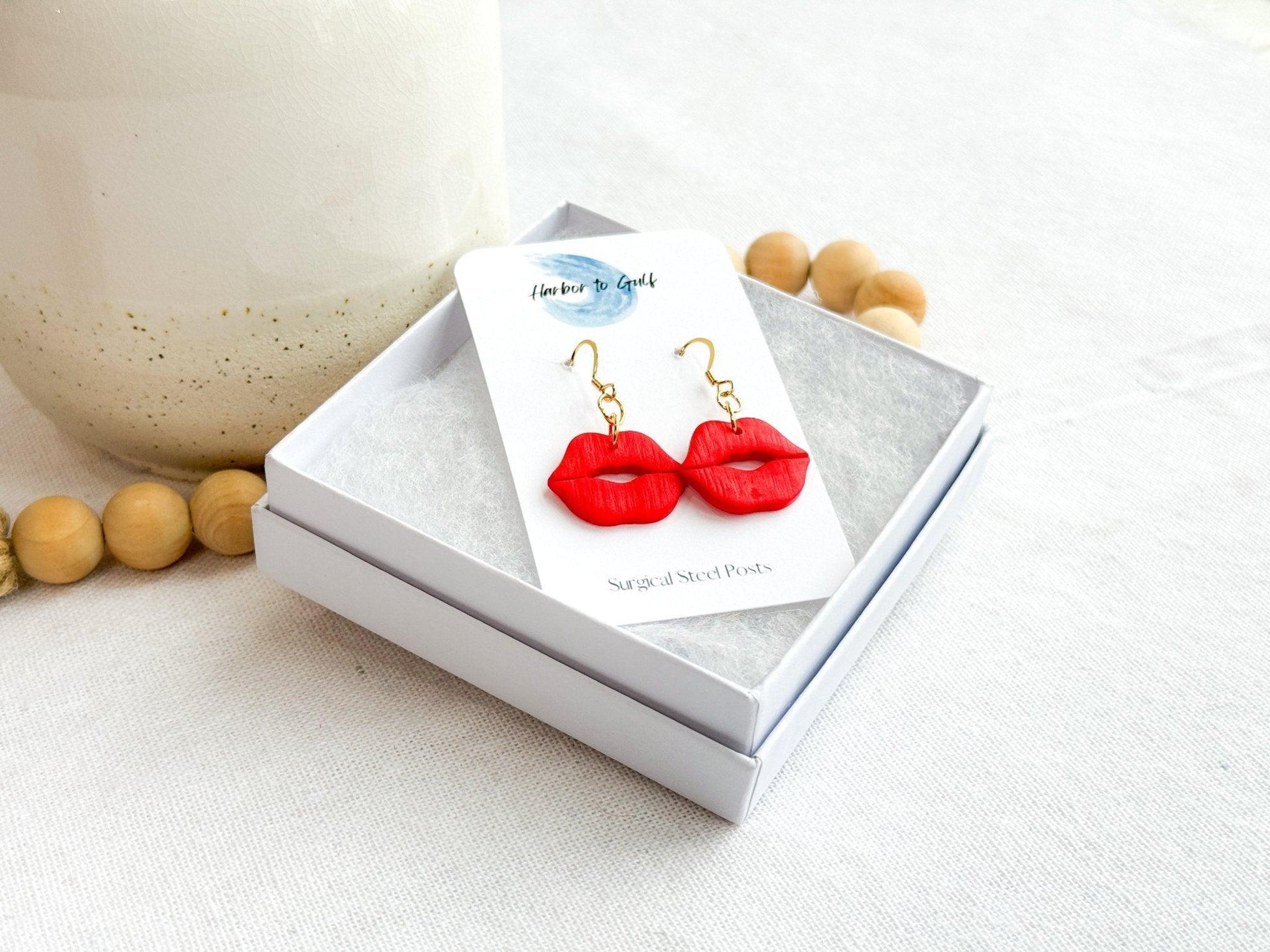 Red Lips Earrings, Polymer Clay, Surgical Steel, Handmade Gifts for Women - Harbor to Gulf Co.