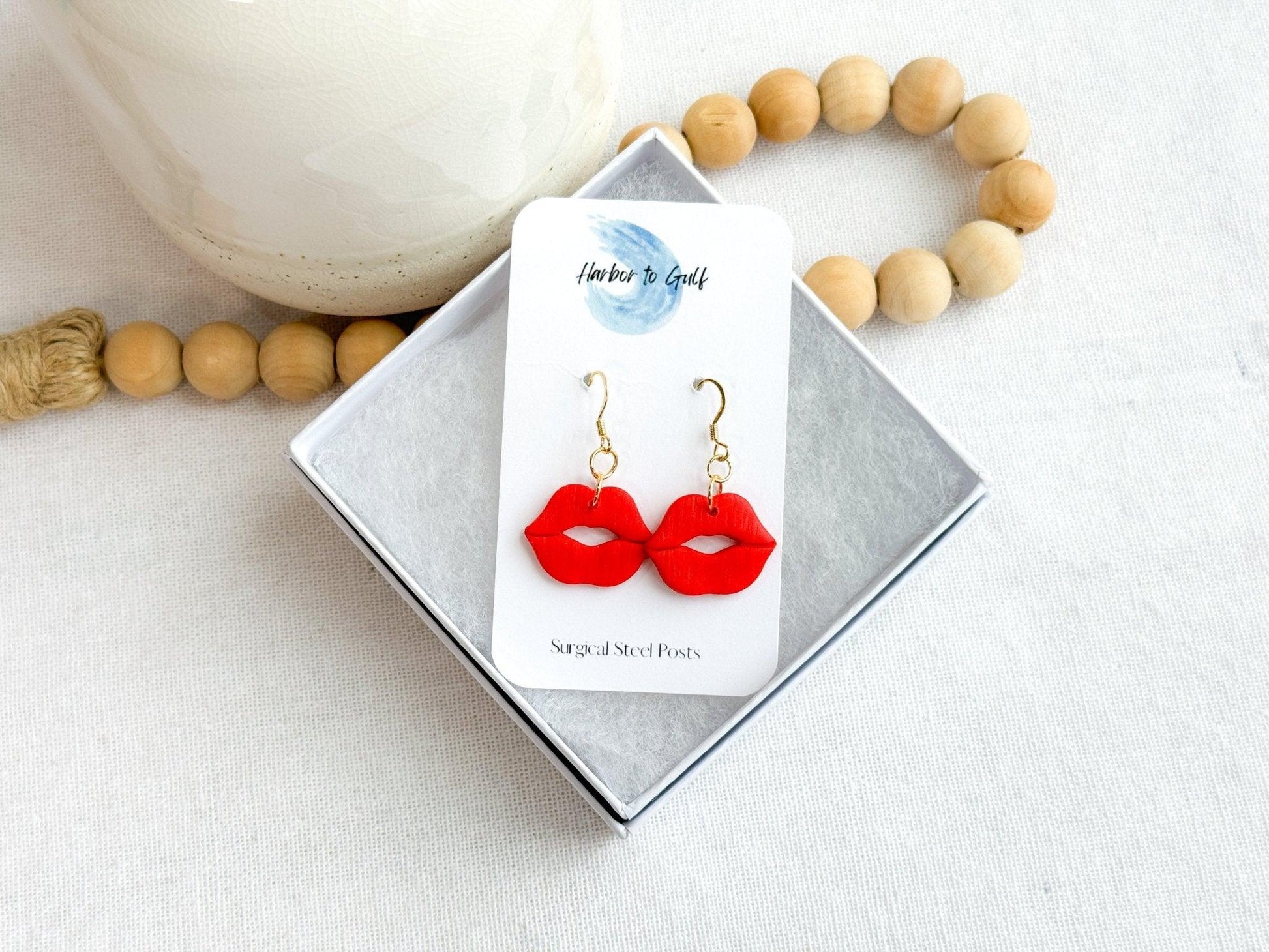 Red Lips Earrings, Polymer Clay, Surgical Steel, Handmade Gifts for Women - Harbor to Gulf Co.