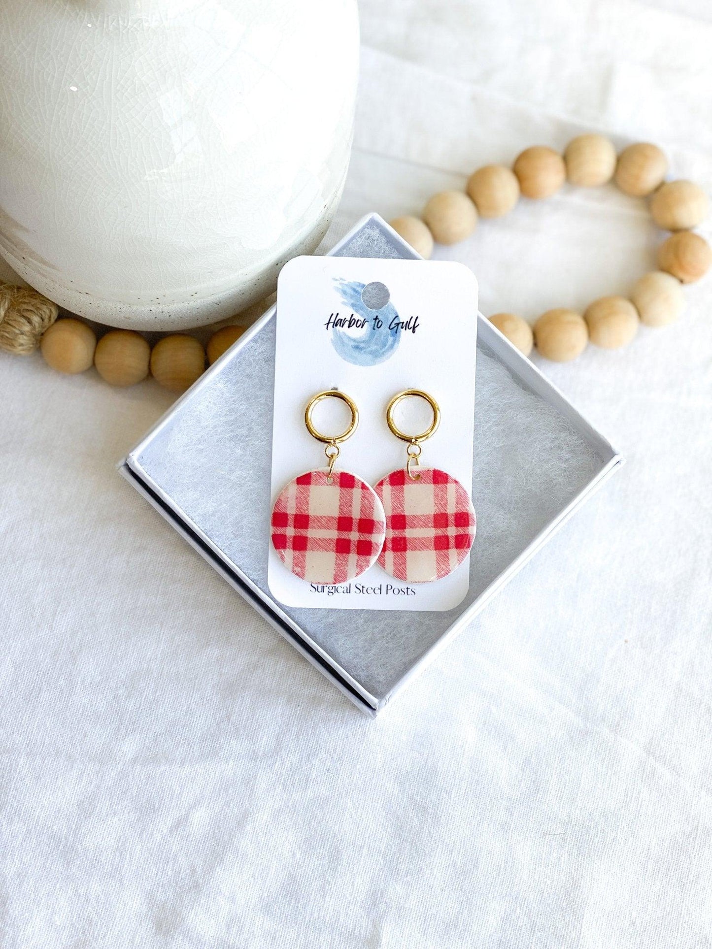 Handmade Red Plaid Earrings with Gold Surgical Steel Posts on Harbor to Gulf Earring Card in White Gift Box