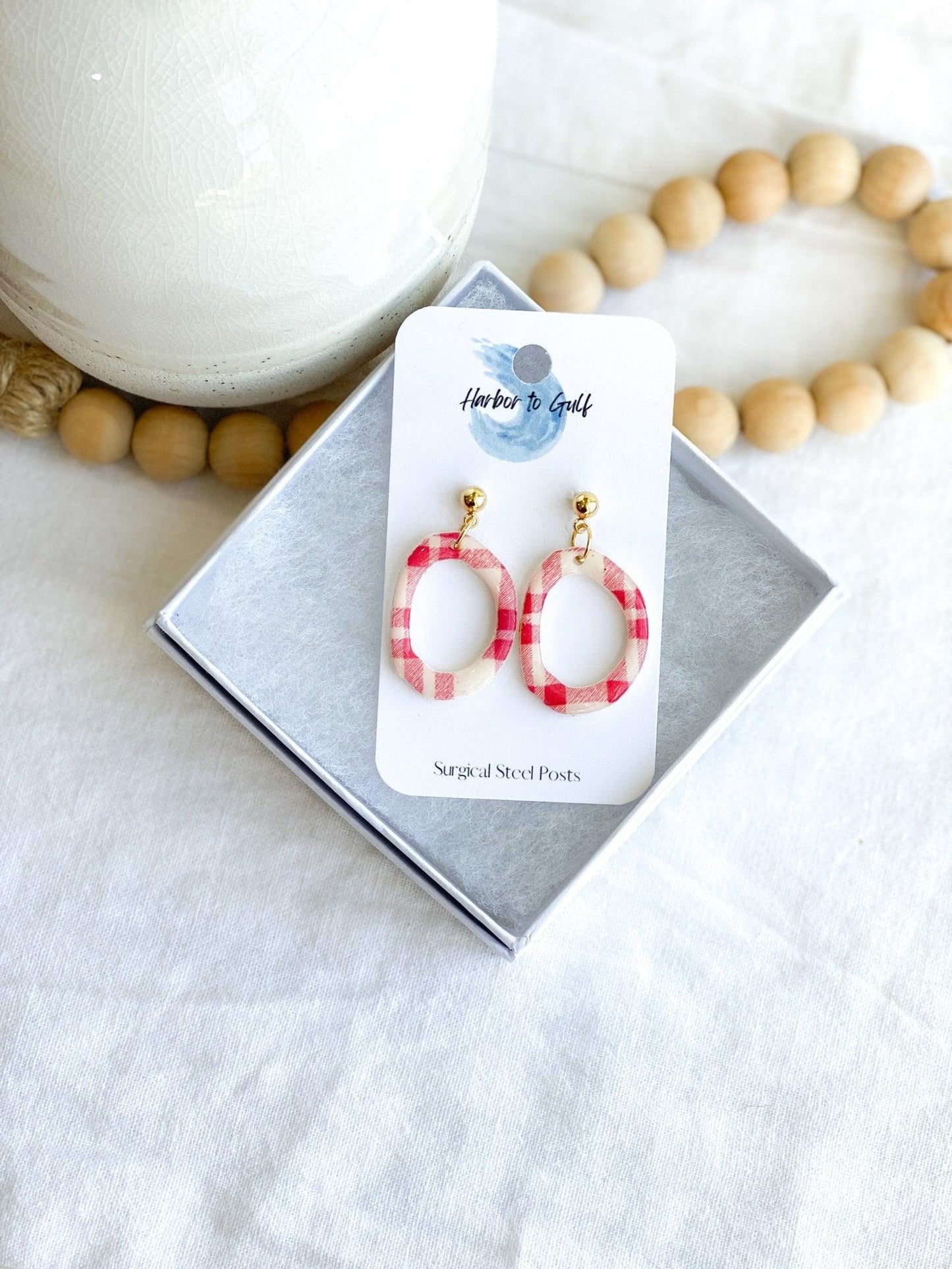 Handmade Red Plaid Earrings with Gold Surgical Steel Posts on Harbor to Gulf Earring Card in White Gift Box