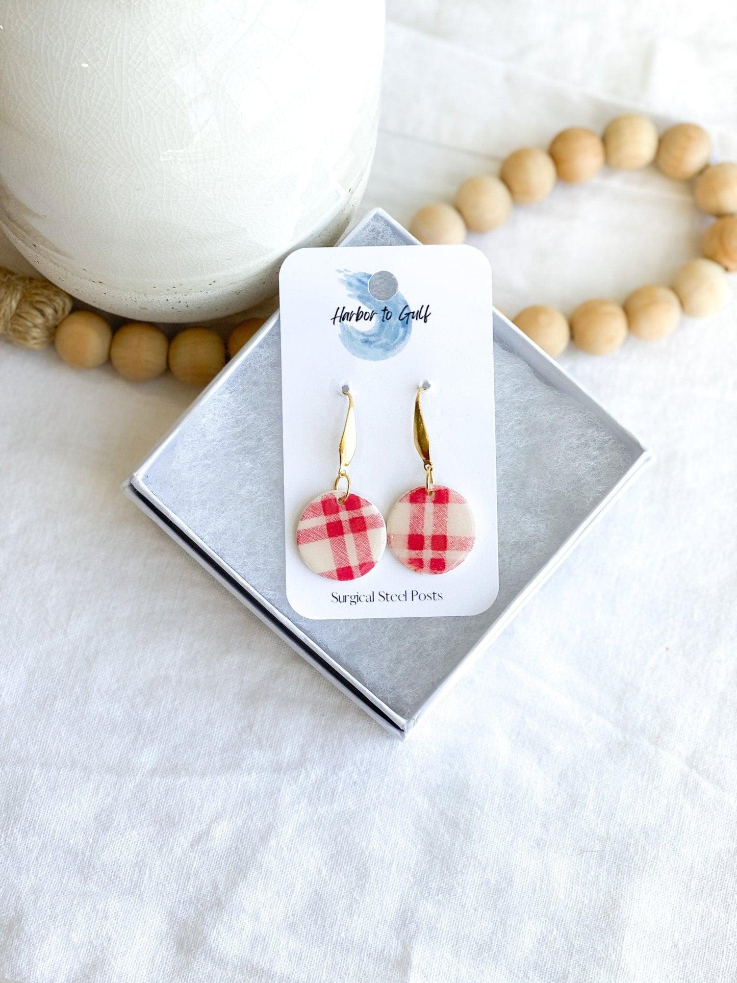 Handmade Red Plaid Earrings with Gold Surgical Steel Posts on Harbor to Gulf Earring Card in White Gift Box