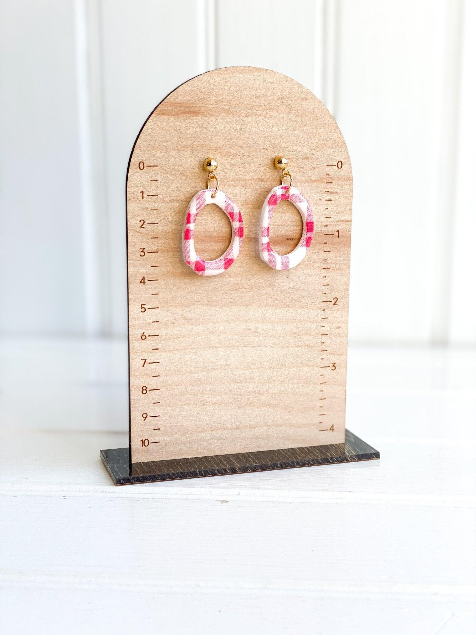 Handmade Red Plaid Earrings with Gold Surgical Steel Posts on Wood Earring Measurement Stand