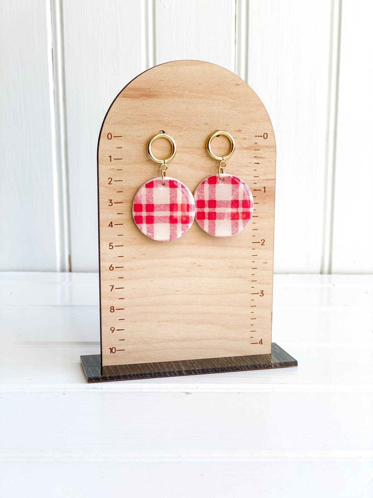 Handmade Red Plaid Earrings with Gold Surgical Steel Posts on Wood Earring Measurement Stand