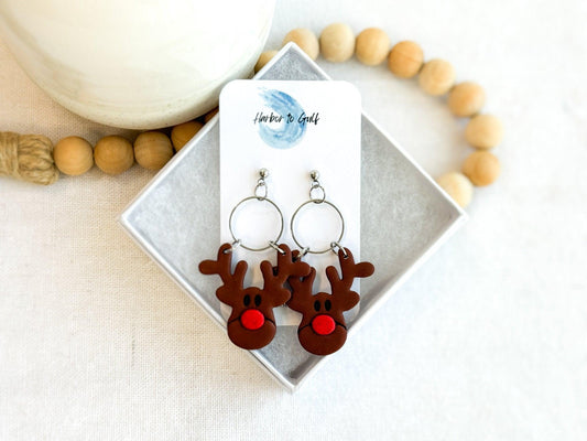 Reindeer Earrings, Handmade Jewelry, Surgical Steel, Clay Earrings, Festive Christmas Earrings, Best Gifts For Her - Harbor to Gulf Co.