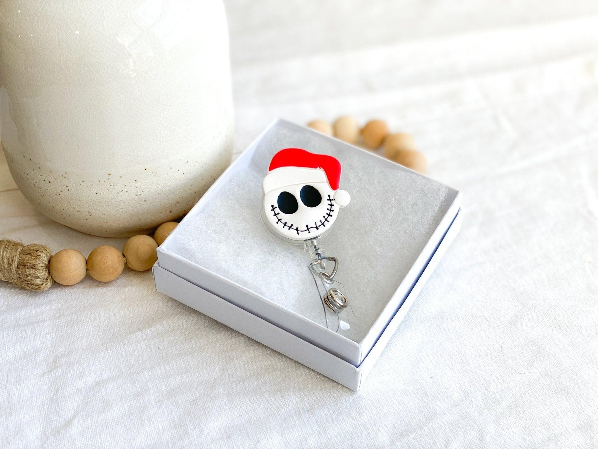 Handmade Santa Claus Jack Skellington Retractable Badge Reel in White Gift Box