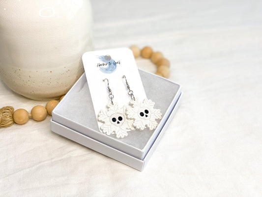 Handmade Sparkly Snowflake Dangle Earrings with Skull Face and Silver Surgical Steel Ear Wires in White Gift Box