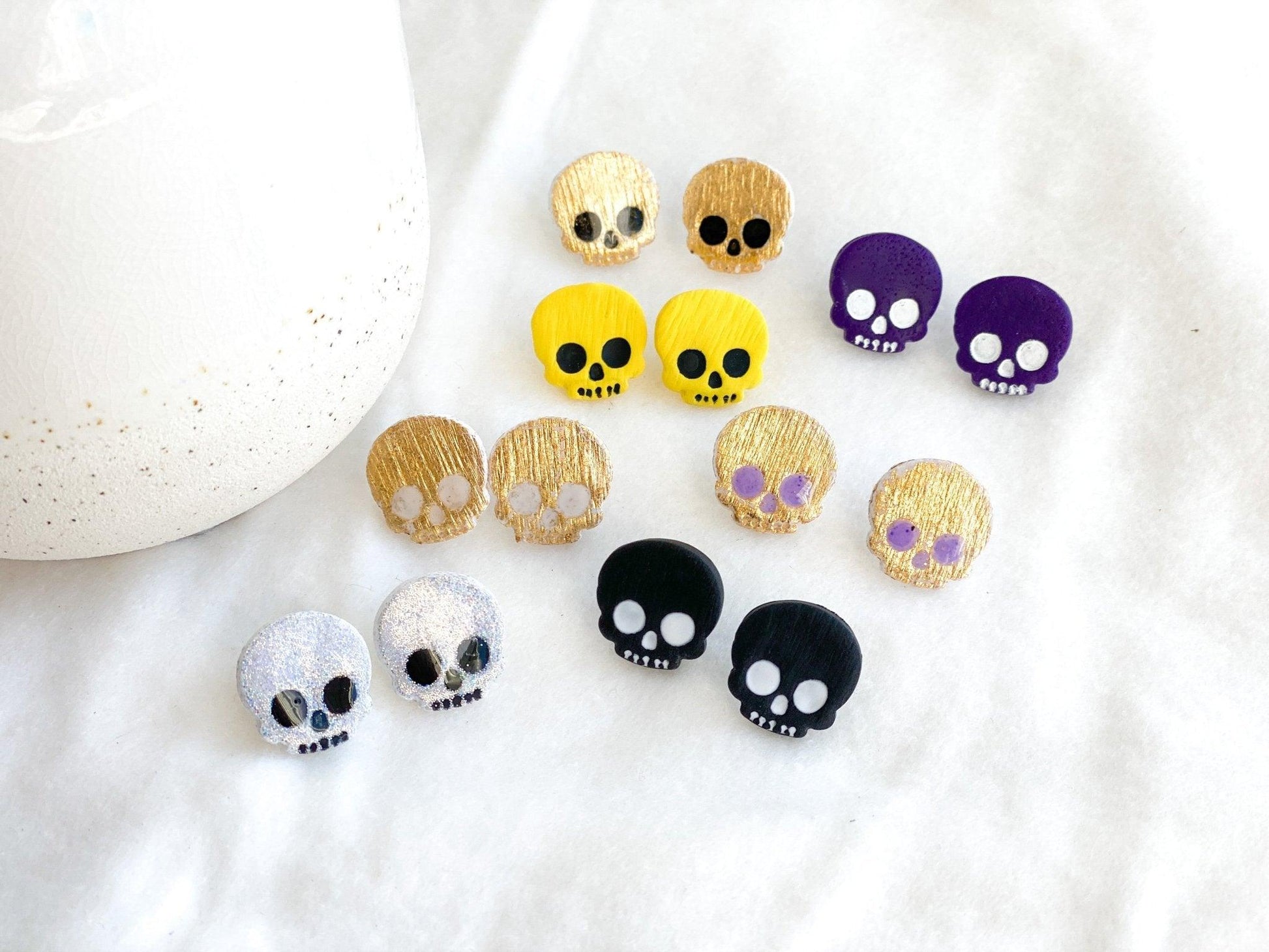 Skull Stud Earrings, Polymer Clay & Surgical Steel, Handmade Gifts for Women - Harbor to Gulf Co.