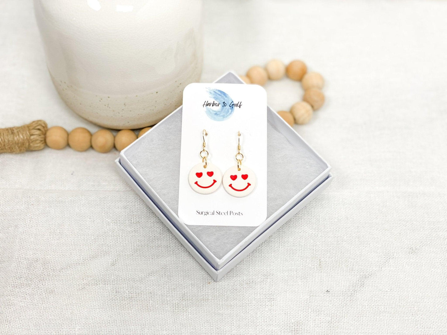 Smiley Face Earrings, Handmade, Polymer Clay, Surgical Steel for Sensitive Ears - Harbor to Gulf Co.