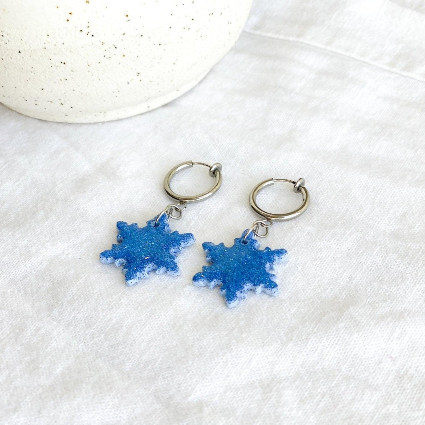 Snowflake Earrings - Clip Ons for Women - Handmade Jewelry - Surgical Steel Earrings - Polymer Clay Earrings - Stocking Stuffers for Women - Teacher Gifts - Harbor to Gulf Co.